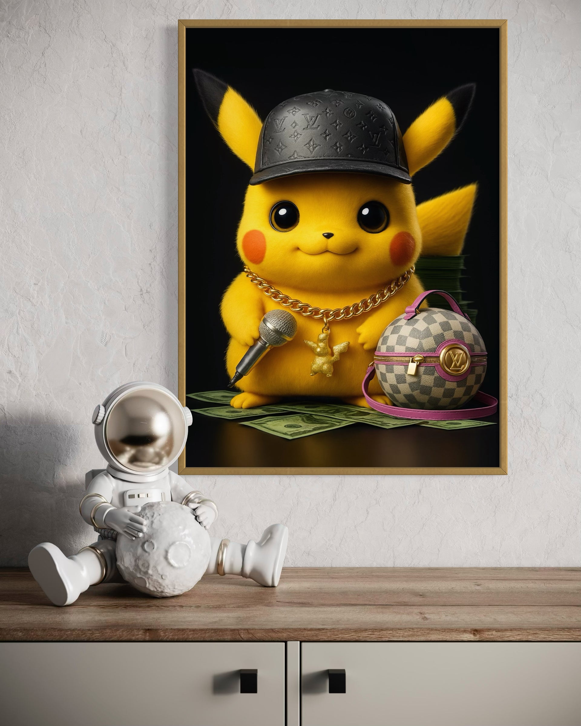 Pikachu Pop con cappellino nero e collana, telaio oro