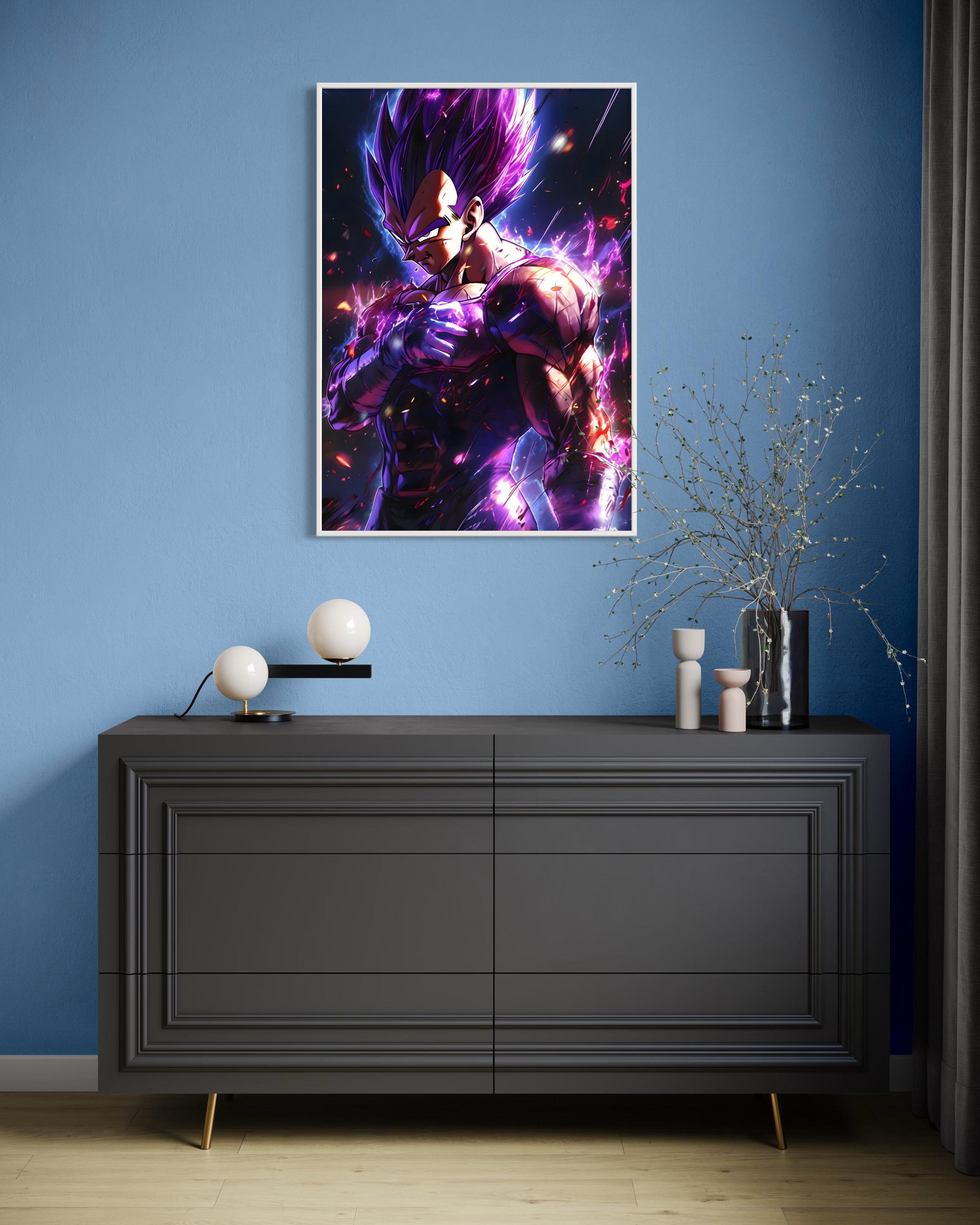 Vegeta King incorniciato con telaio bianco, personaggio in posa con aura viola