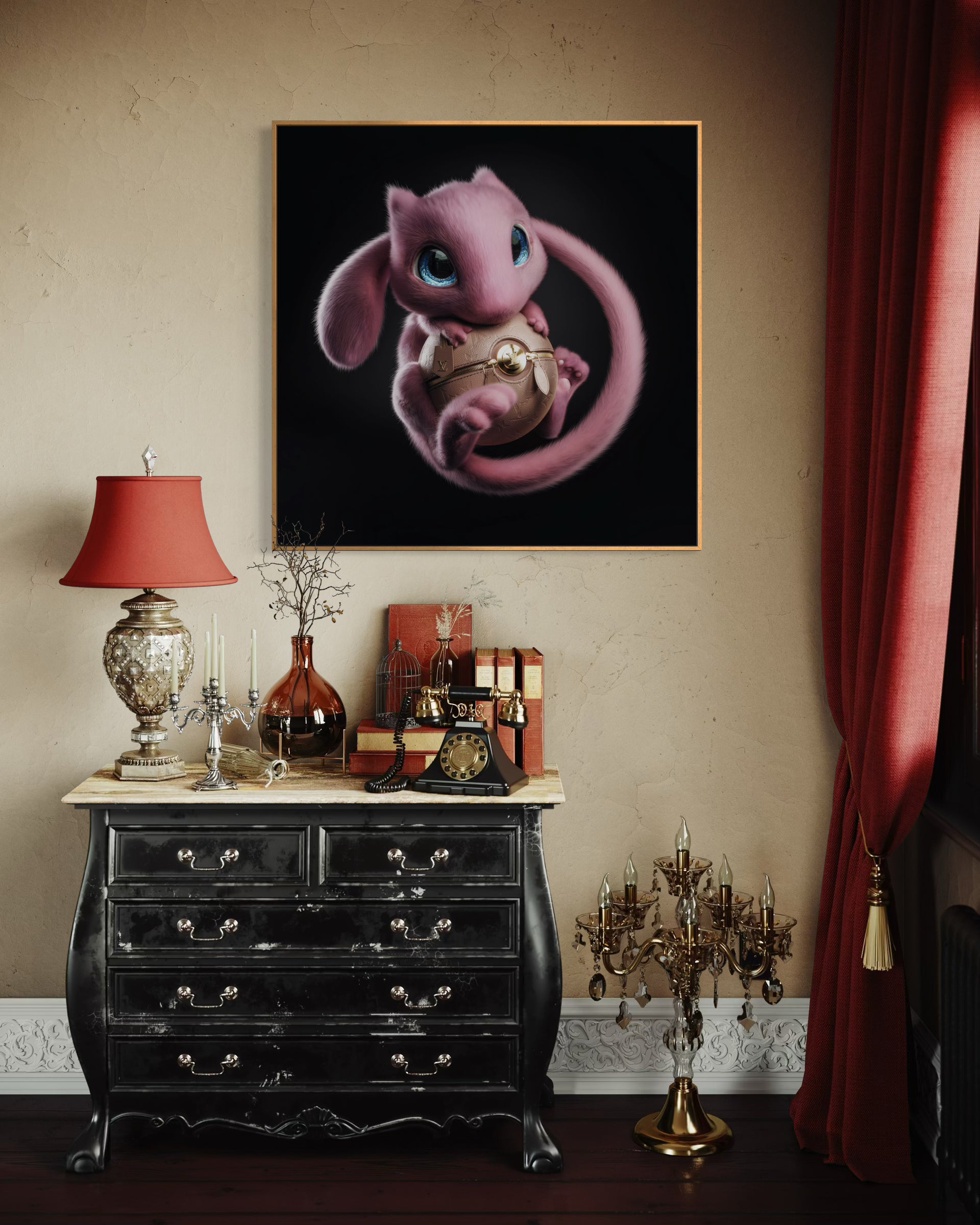 Quadro con Mew e Poké Ball dorata, cornice oro