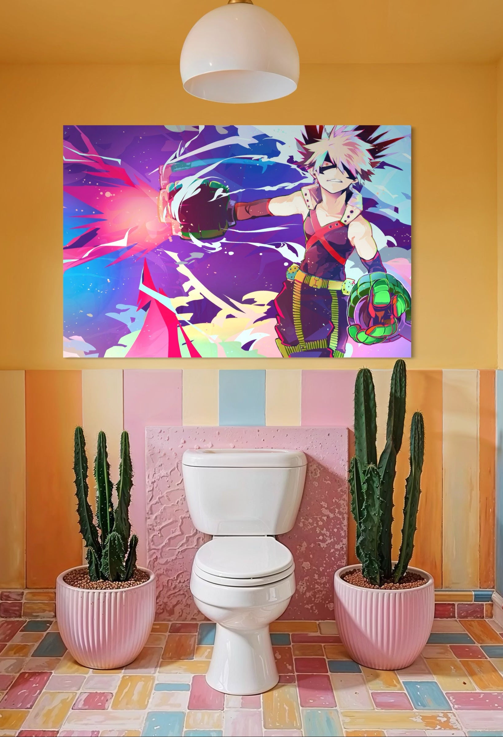 Stampa artistica Bakugo boom con personaggio in posa e scoppio colorato viola/blu