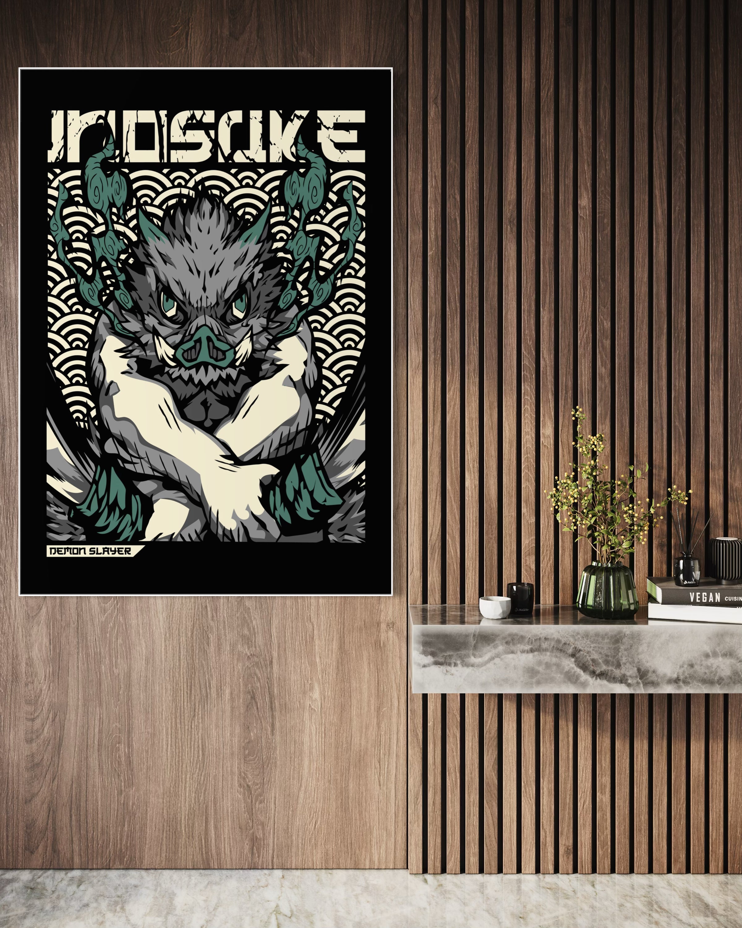 Inosuke ds, stampa incorniciata con personaggio anime verde e artigliato