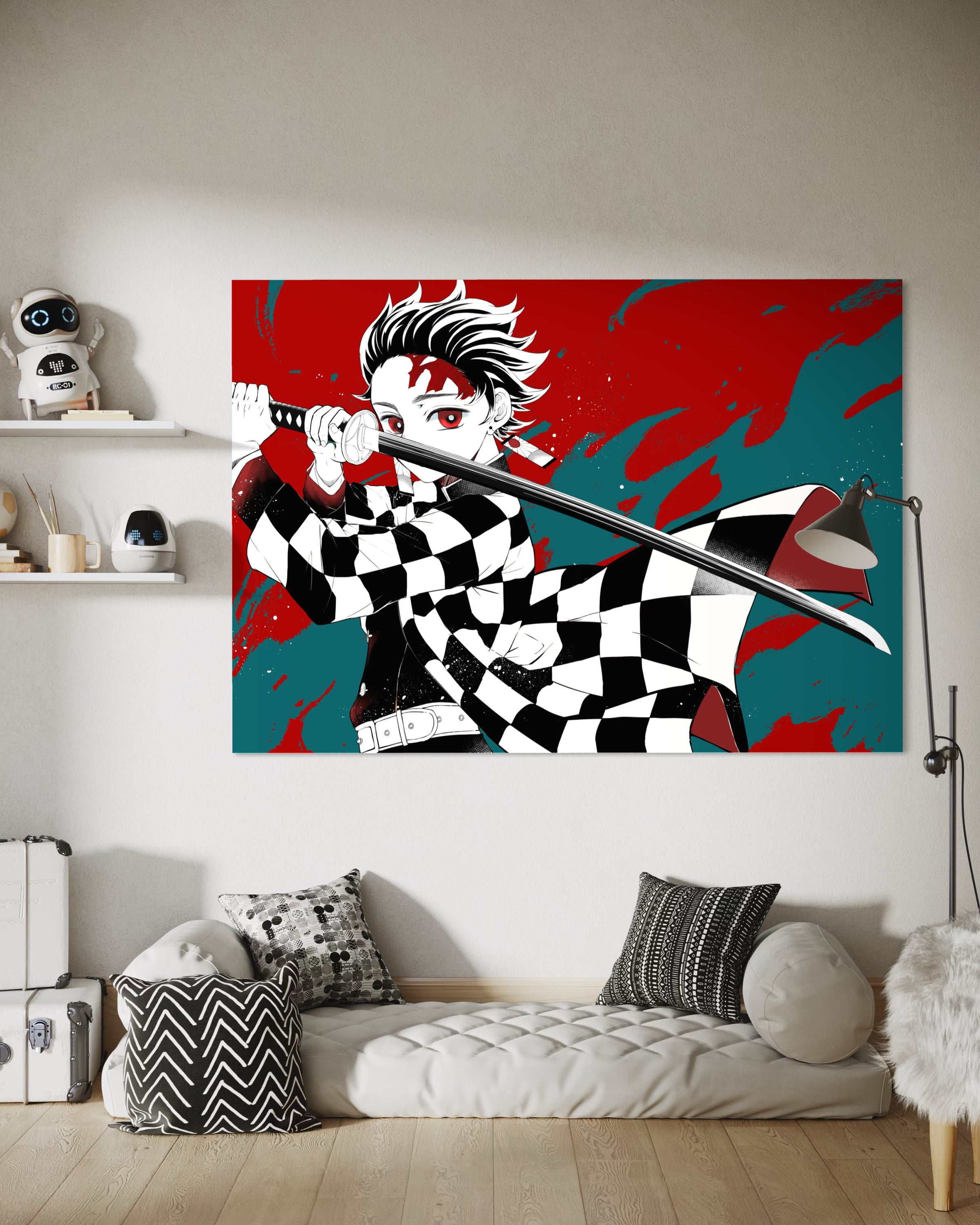 Tanjiro ds: stampa incorniciata, personaggio con spada in nero e bianco su sfondo rosso/blu