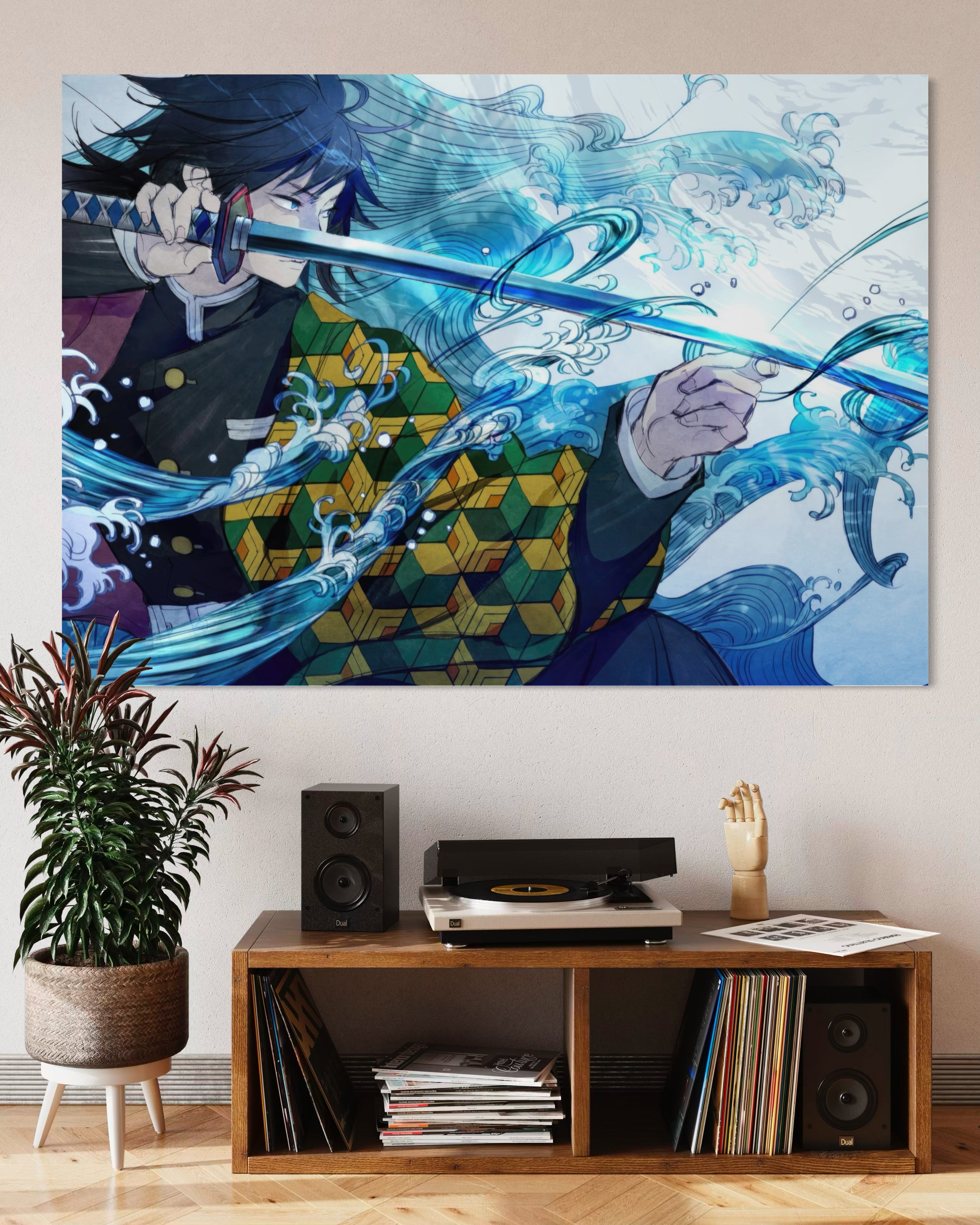 Tomioka ds con telaio bianco, illustrazione blu con onde e figura armata