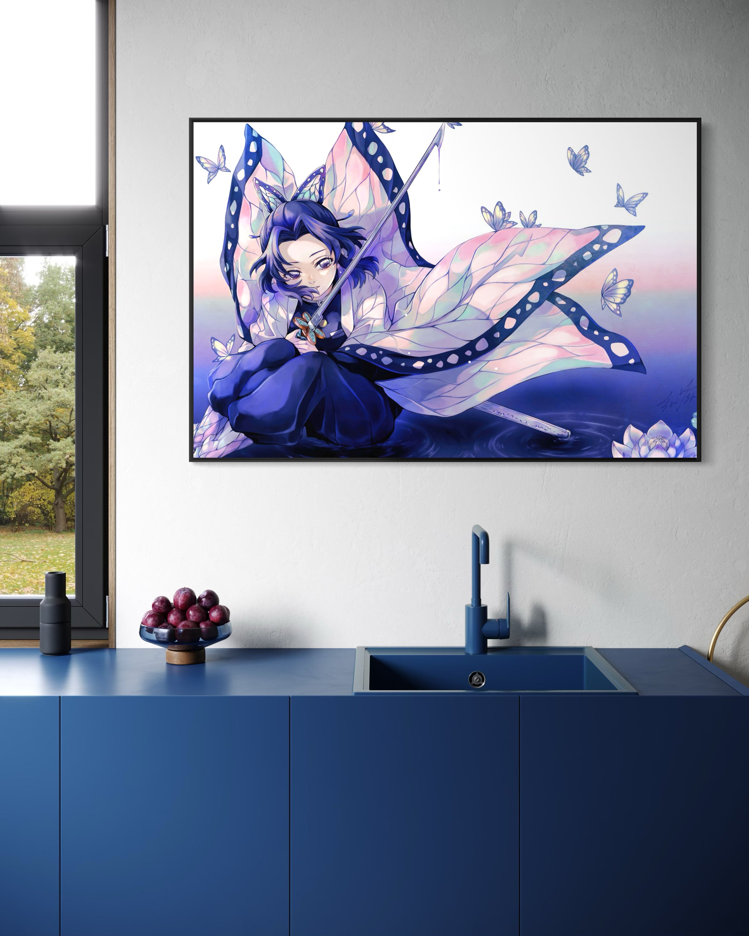 Shinobu ds, stampa incorniciata con farfalle e personaggio blu