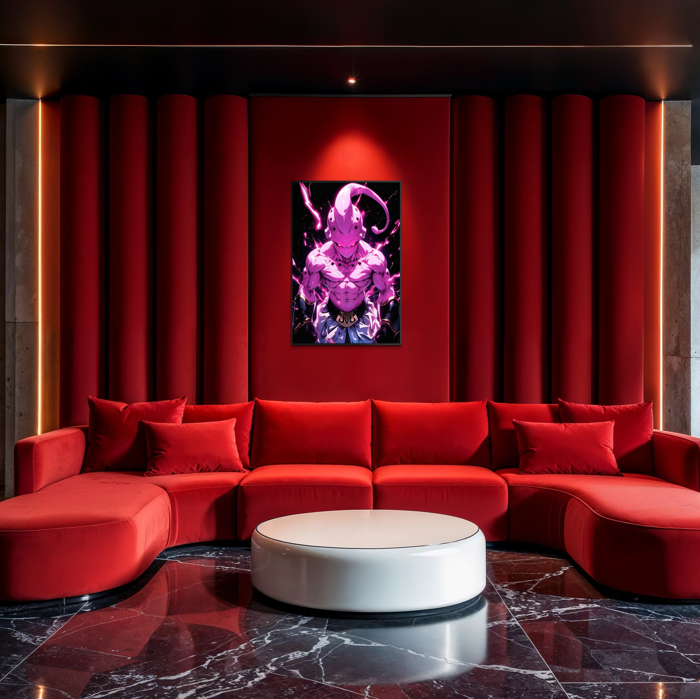 Majin Bu in cornice nera con illustrazione viola e rosa