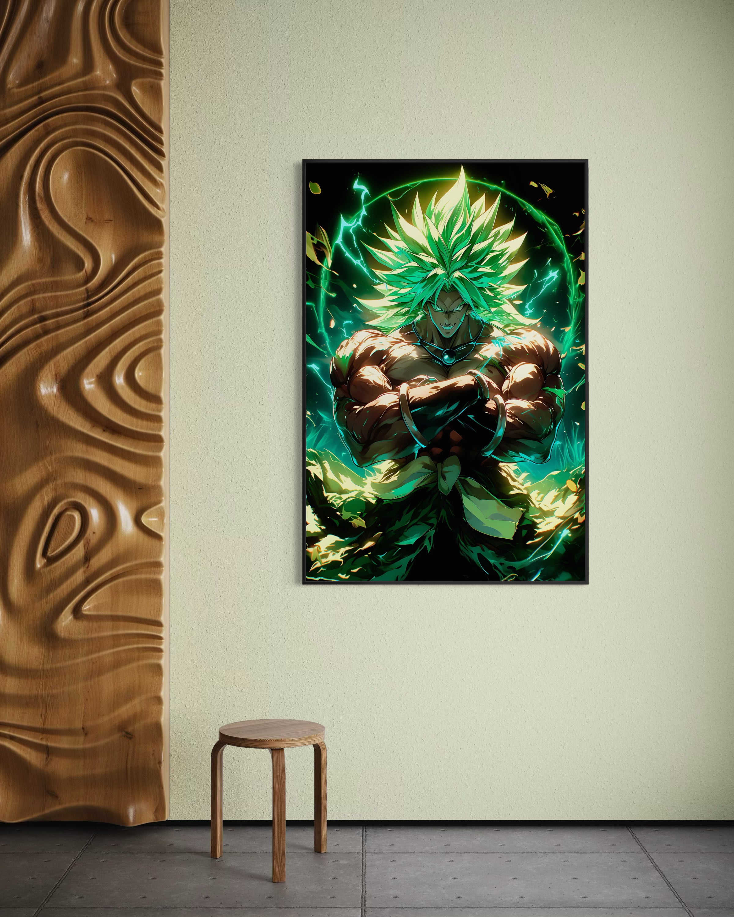 Broly: stampa incorniciata con personaggio in aura verde, sfondo scuro