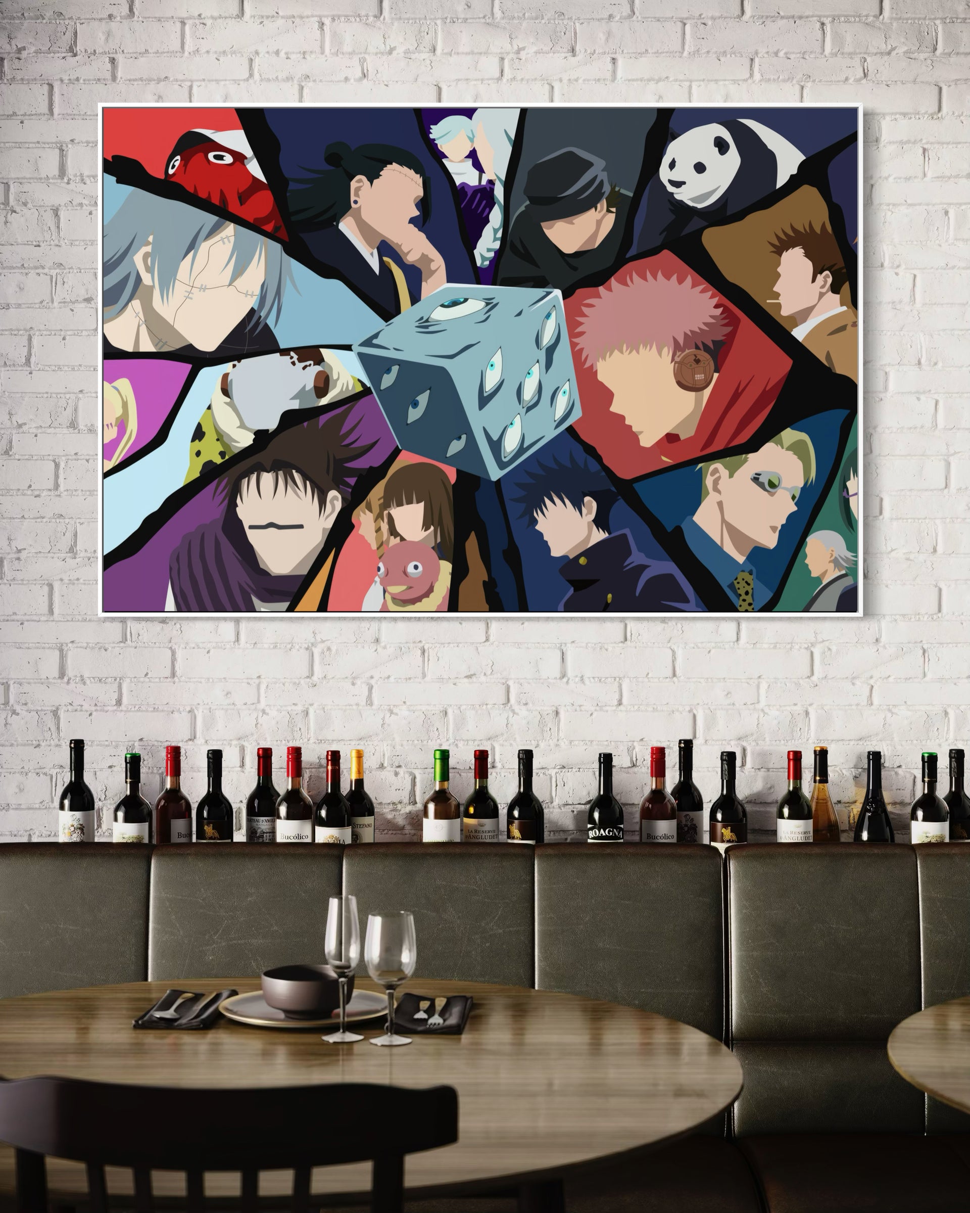 Jujutsu Kaisen in cornice nera, poster con personaggi anime e sfondo colorato