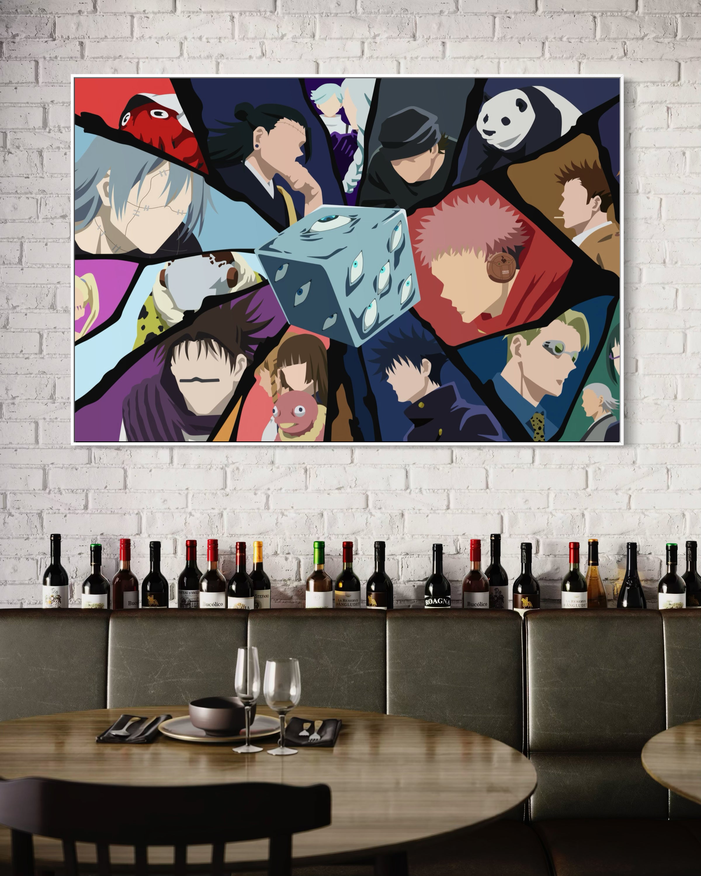 Jujutsu Kaisen in cornice nera, poster con personaggi anime e sfondo colorato
