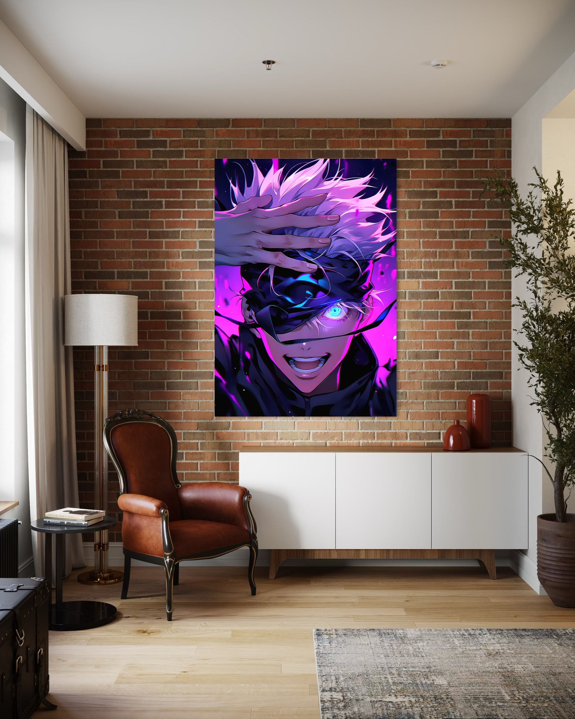 Jk gojo, stampa incorniciata con personaggio anime viola e blu