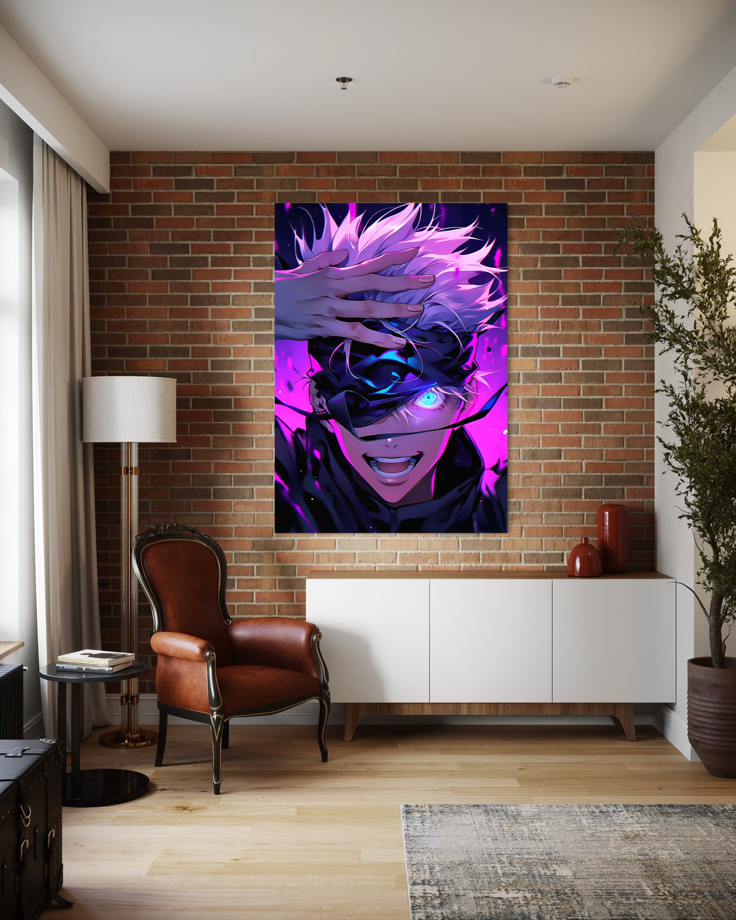 Jk gojo, stampa incorniciata con personaggio anime viola e blu