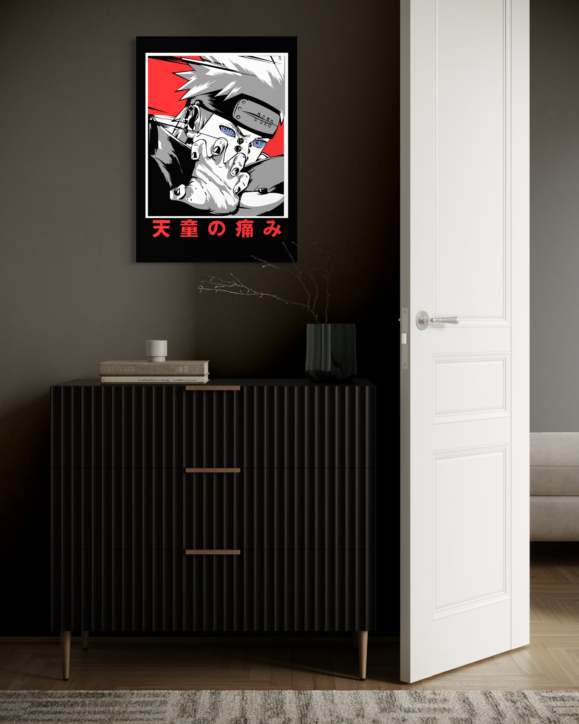 Stampa Naruto Pain con cornice nera, grafica rosso e bianco