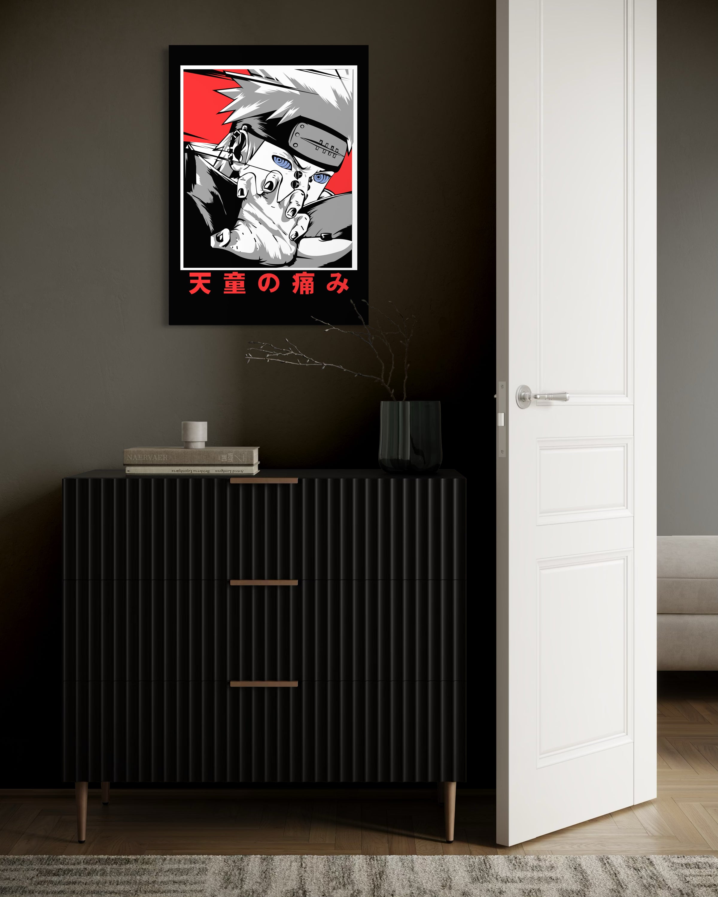 Stampa Naruto Pain con cornice nera, grafica rosso e bianco