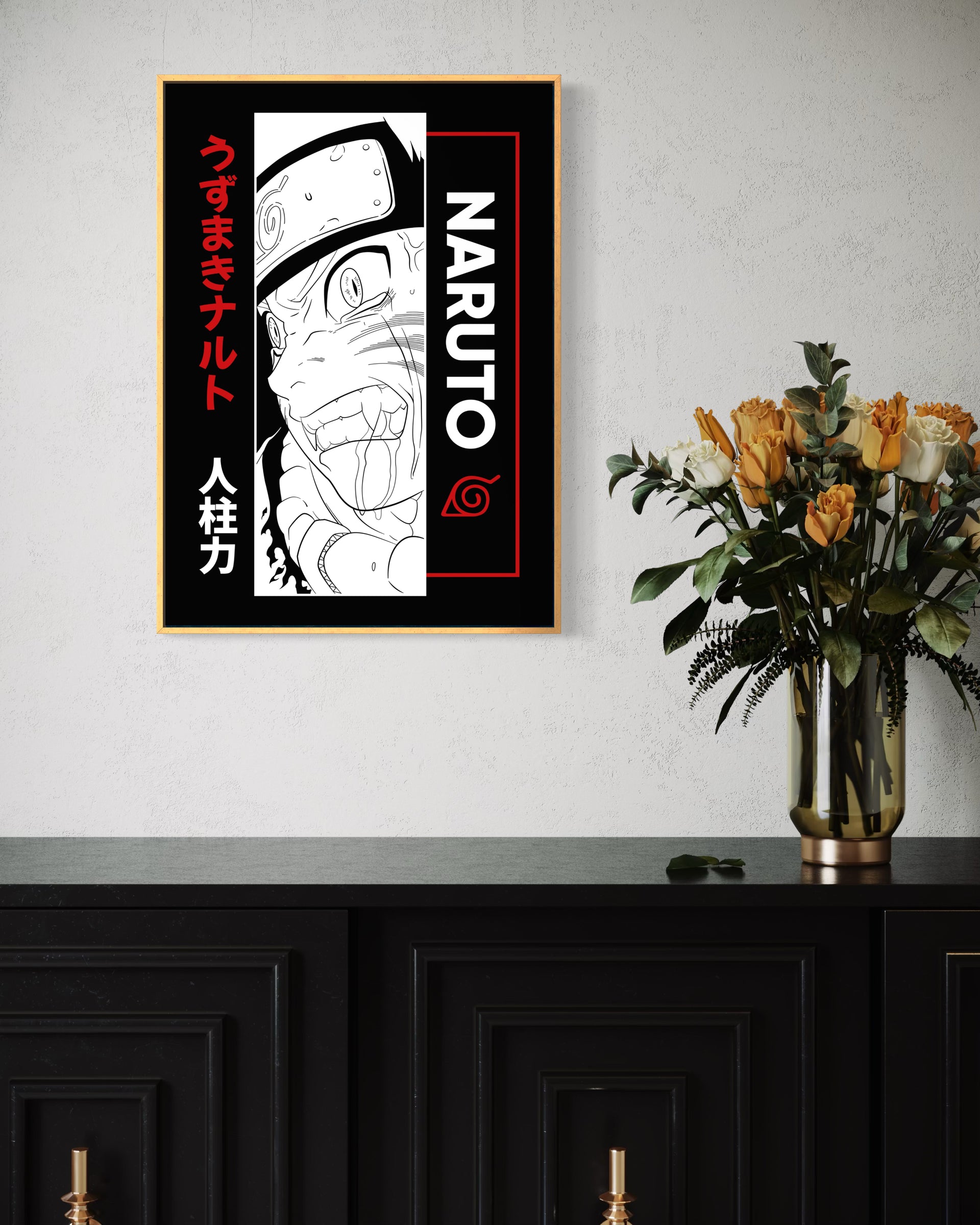 Quadro incorniciato Naruto: illustrazione bianco e nero, cornice dorata