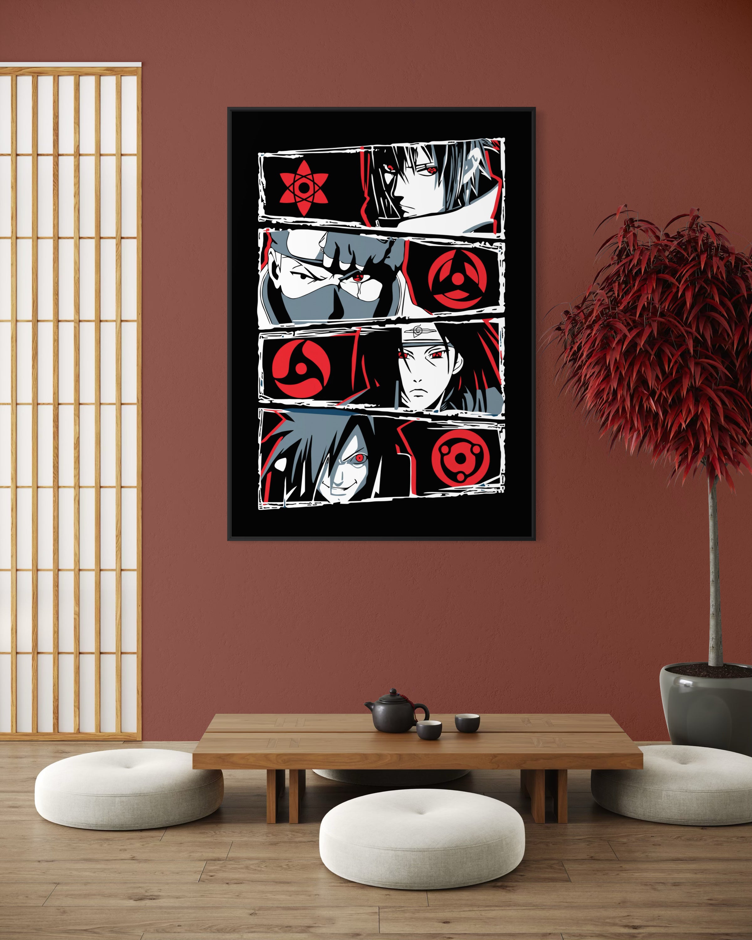 Sharingan naruto: poster incorniciato nero con volti e simboli rossi su fondo scuro