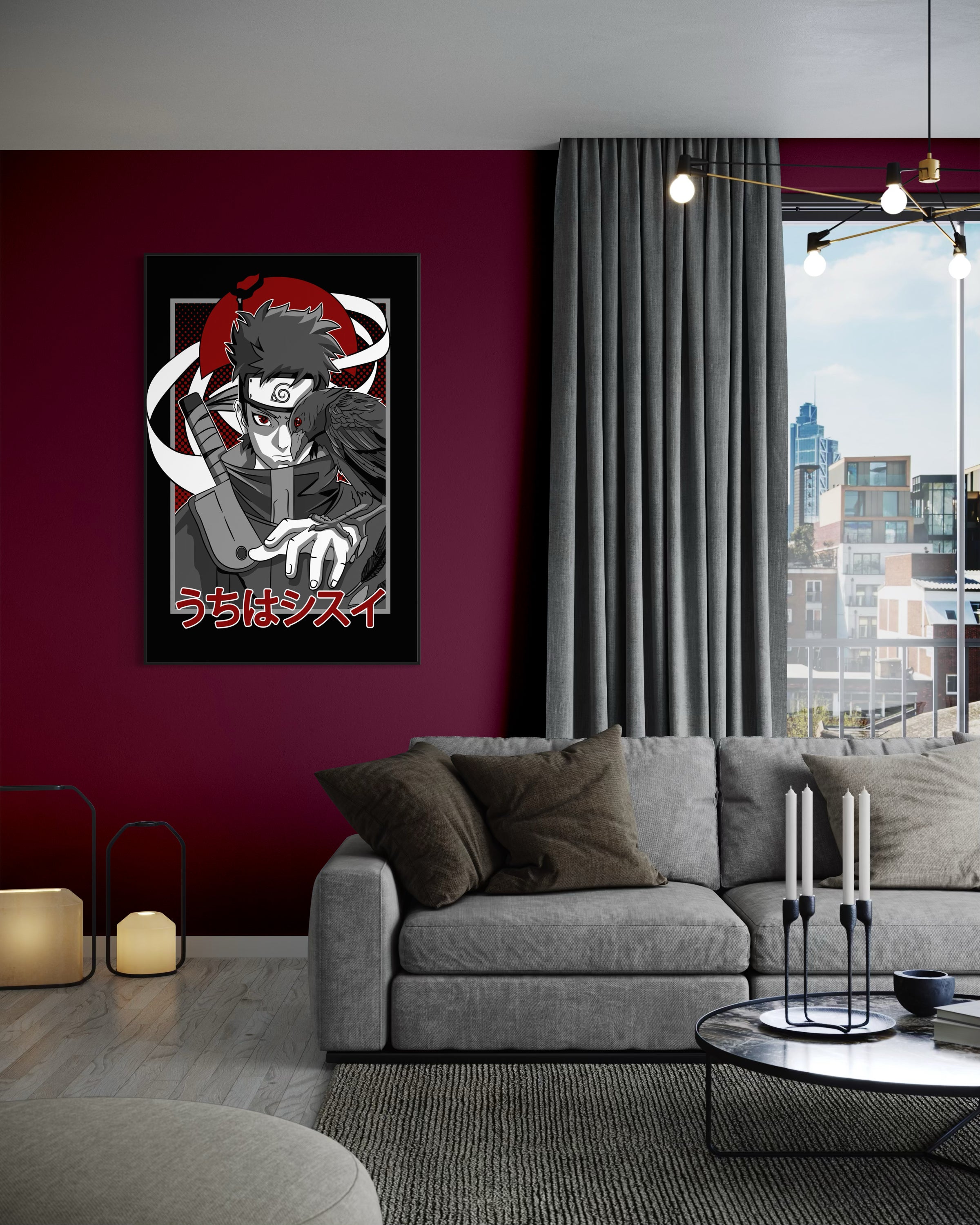 King Sharingan Naruto framed poster with black frame, red sharingan and dark-haired ninja art