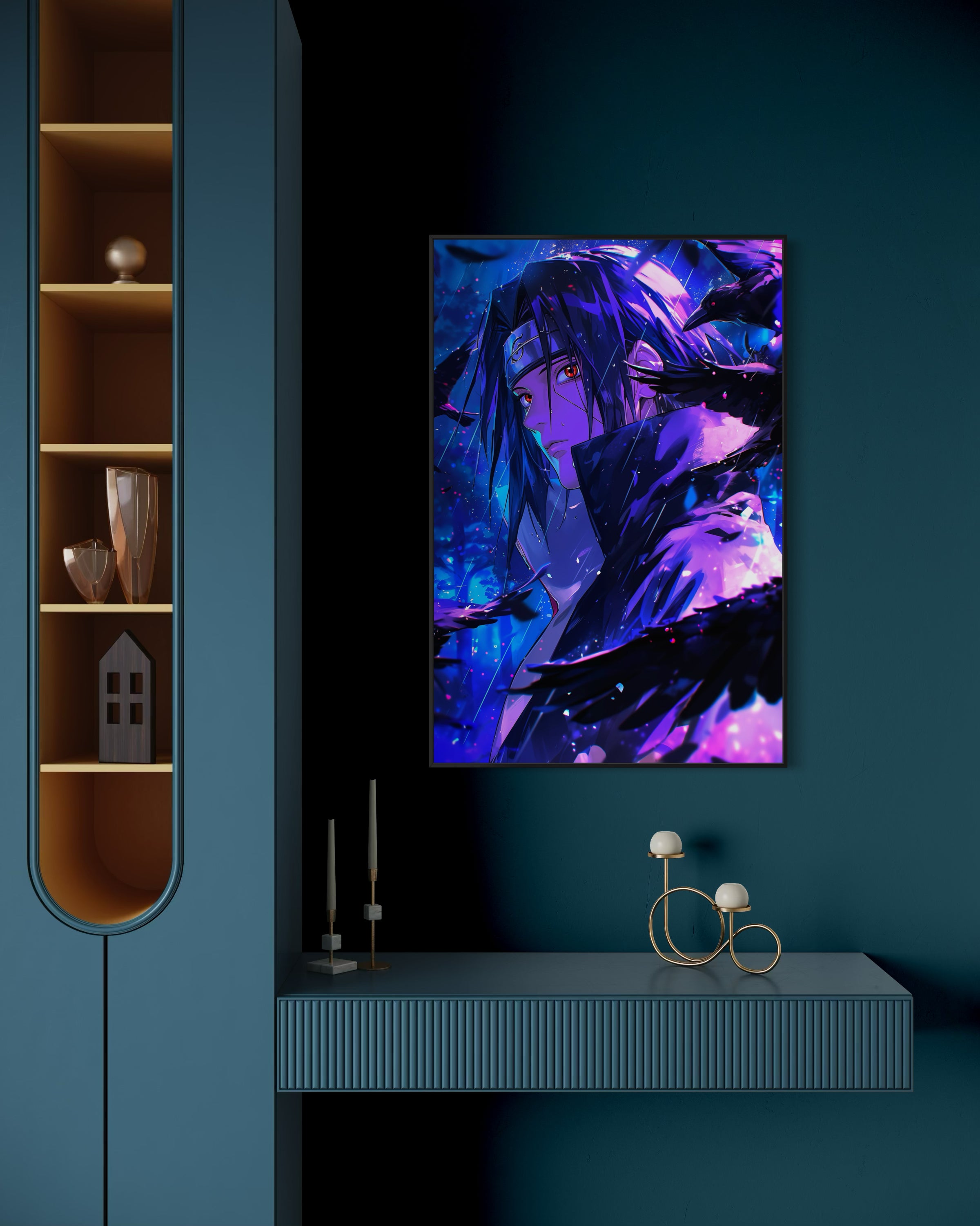 Itachi king naruto, stampa incorniciata con personaggio anime blu e viola