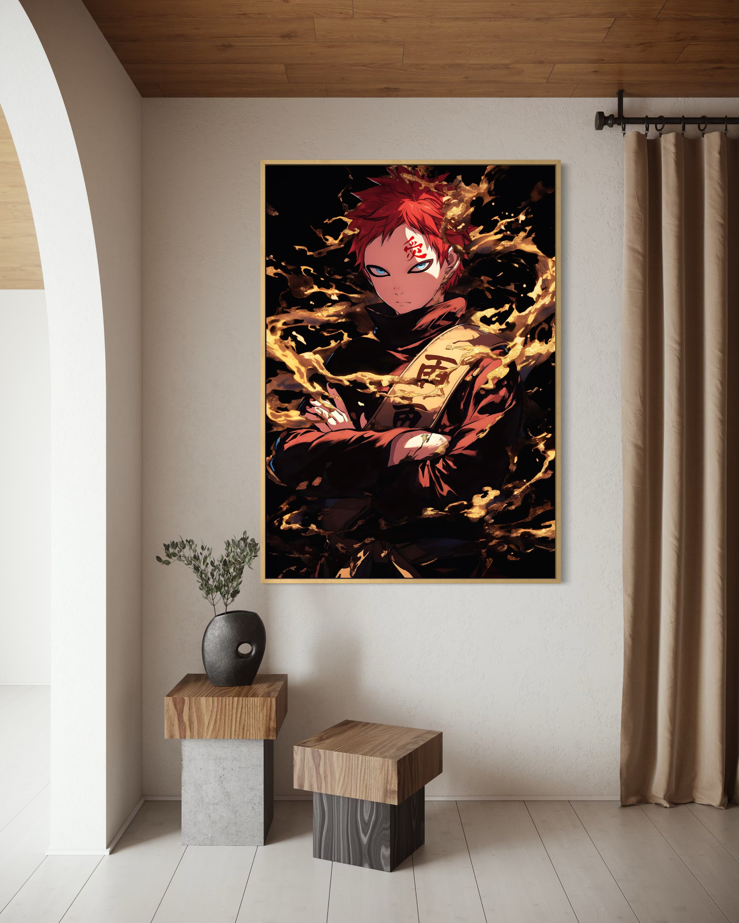 Gaara Naruto: stampa incorniciata con personaggio in fiamme e inchiostro scuro