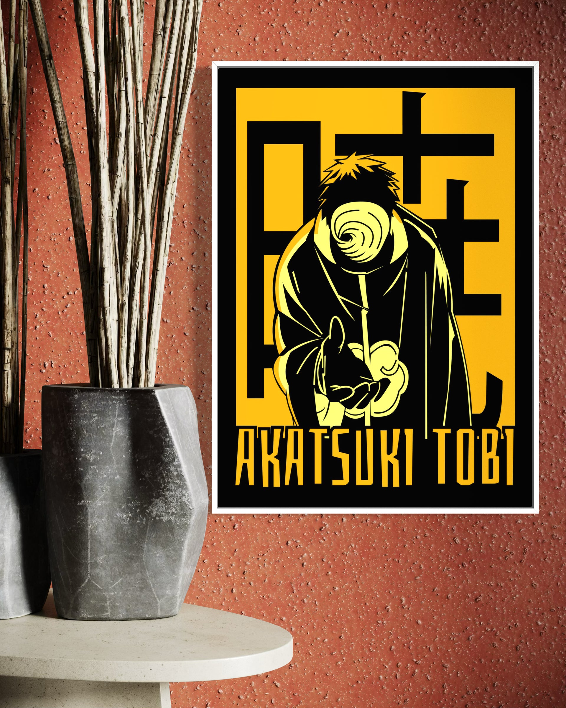 Tobi Uchiha Naruto: poster incorniciato, grafica gialla con personaggio e scritta
