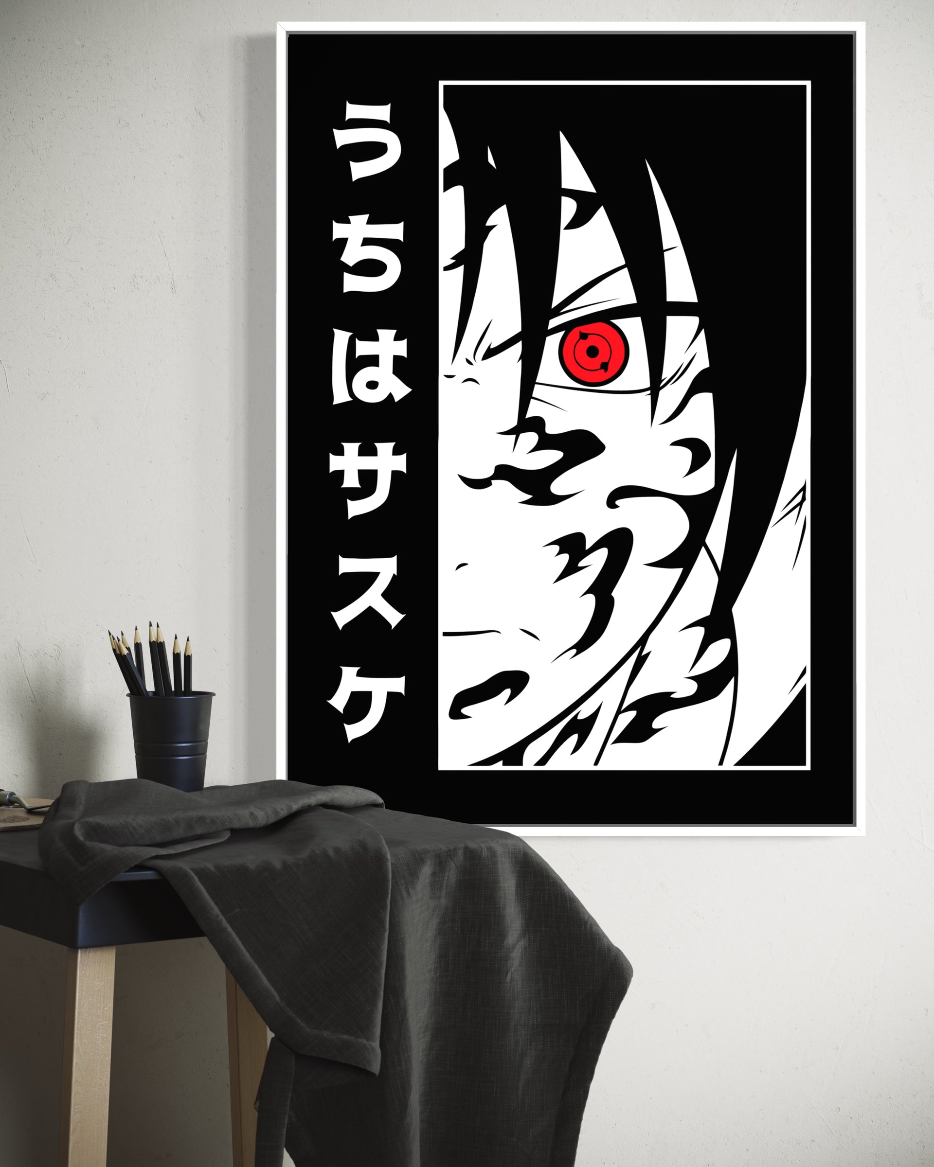 Stampa incorniciata con personaggio anime, occhio rosso, cornice bianca