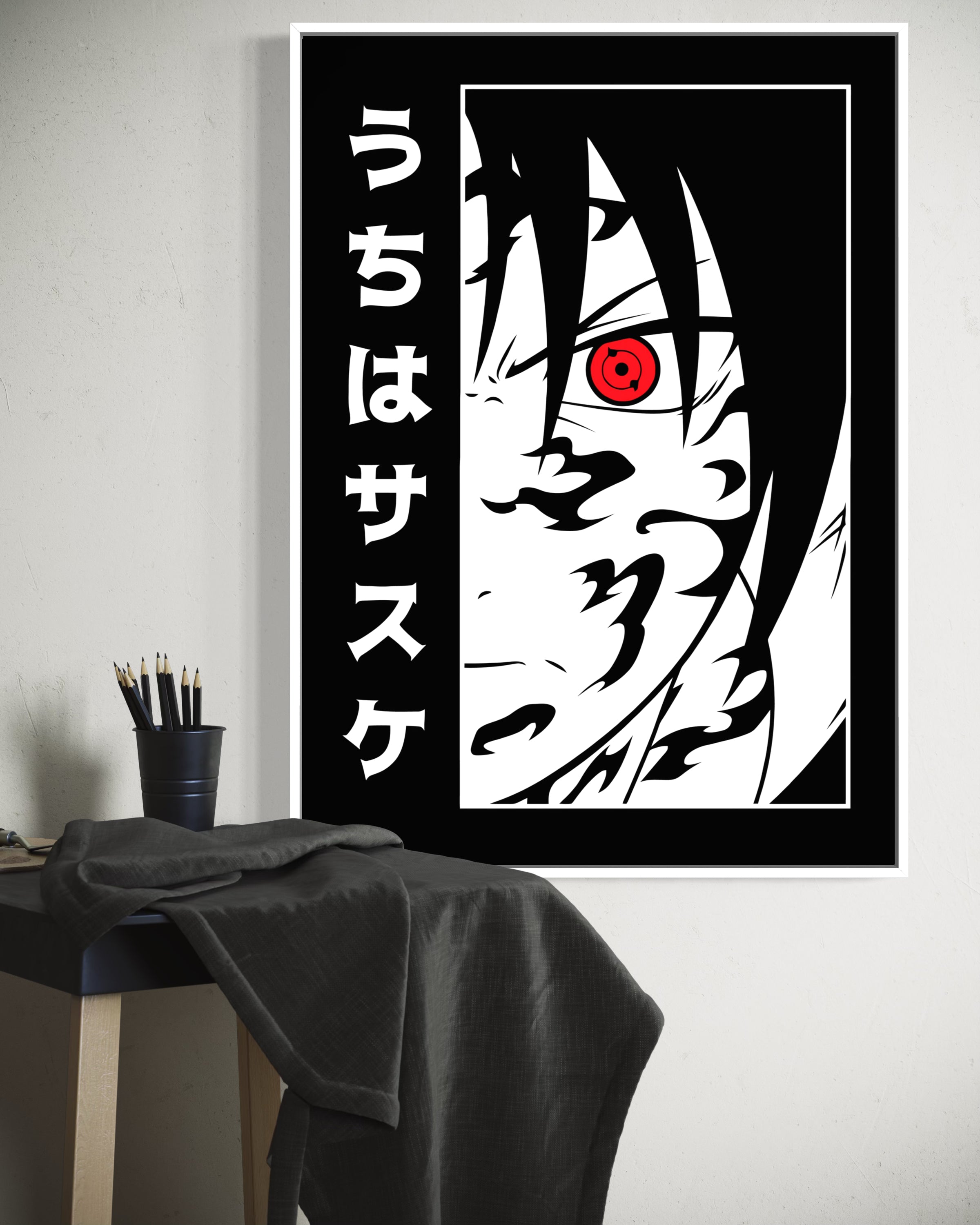 Stampa incorniciata con personaggio anime, occhio rosso, cornice bianca