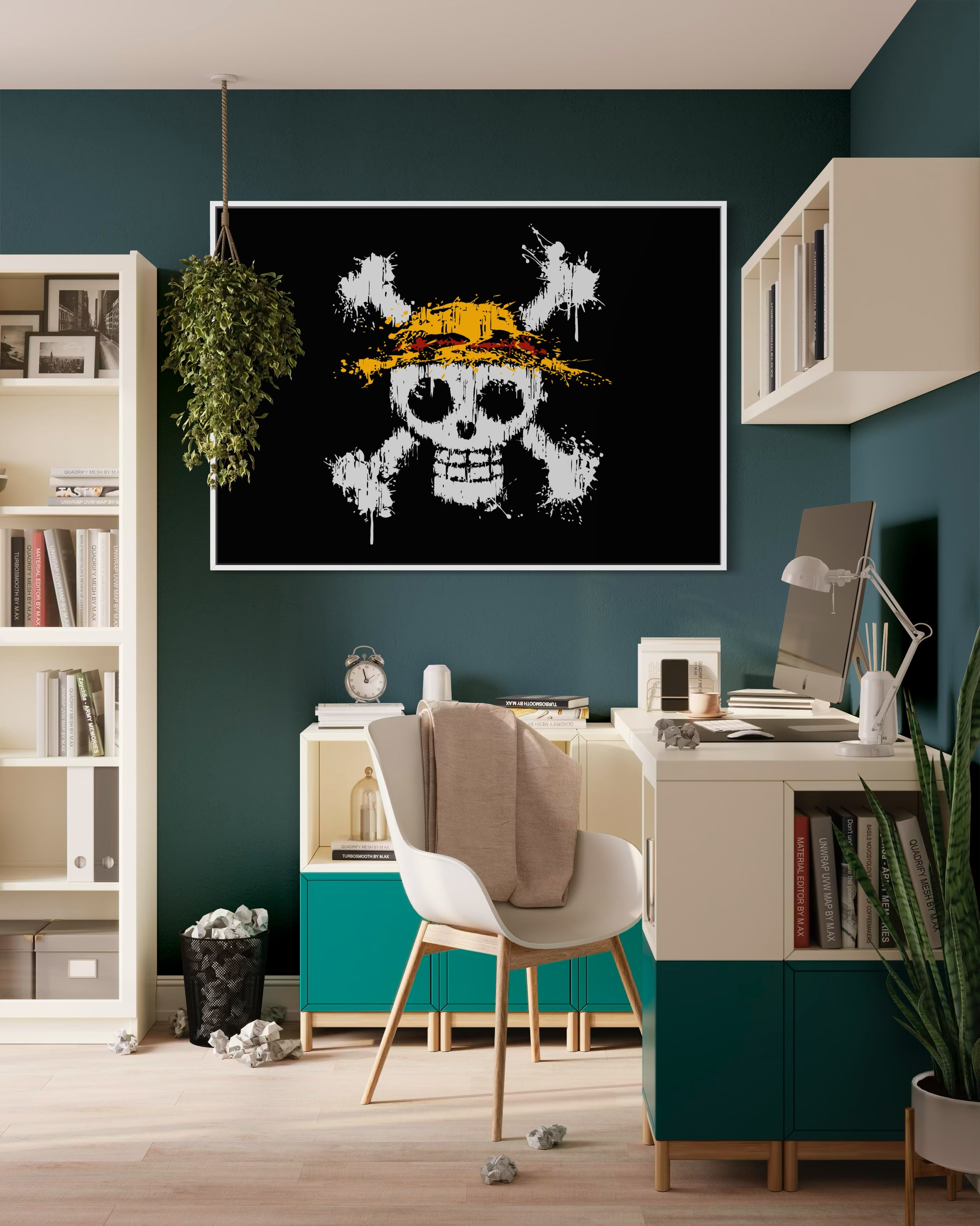 Stampa One piece con teschio giallo su sfondo nero, cornice bianca