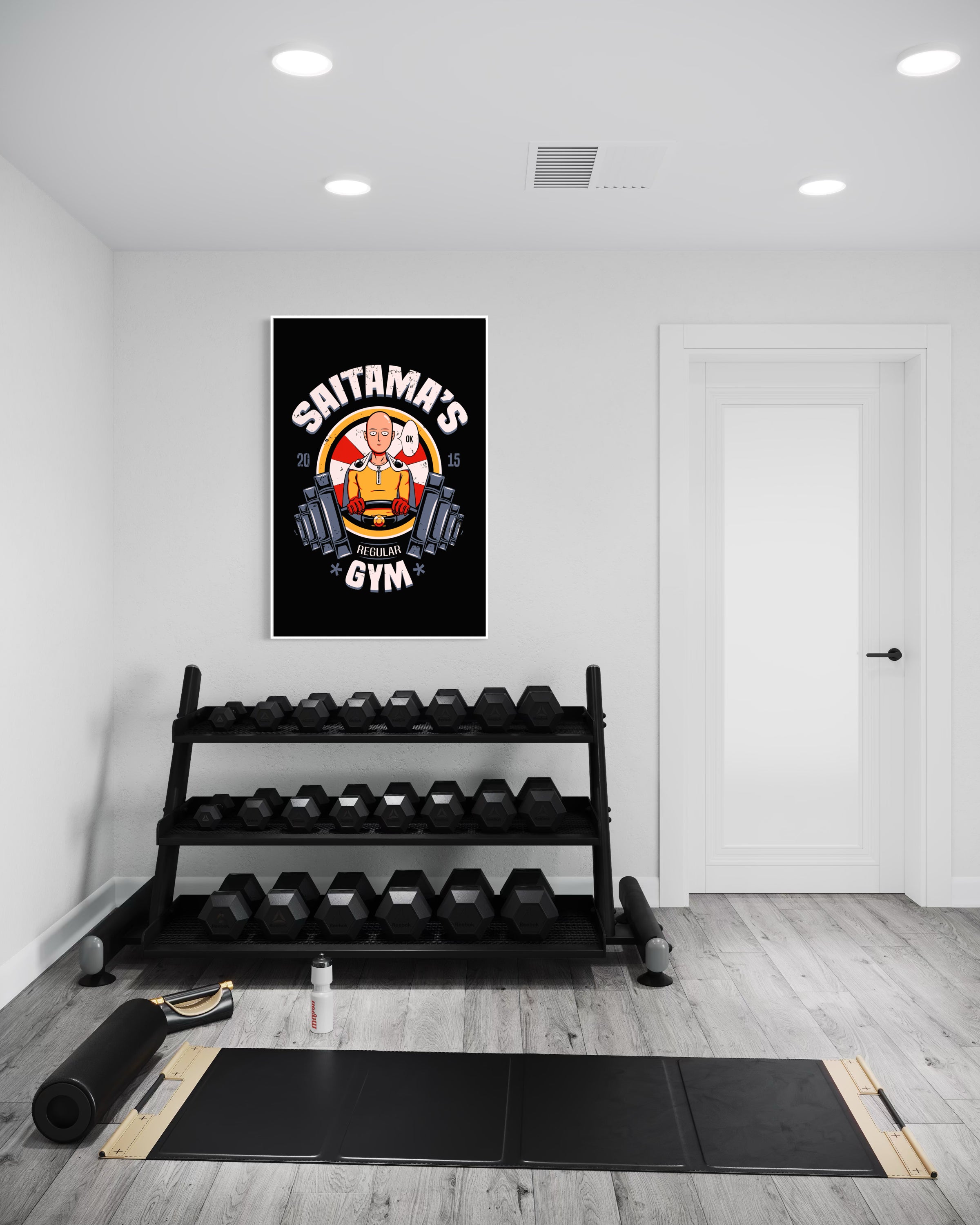 Stampa incorniciata Saitama's Gym con telaio nero, logo su sfondo scuro