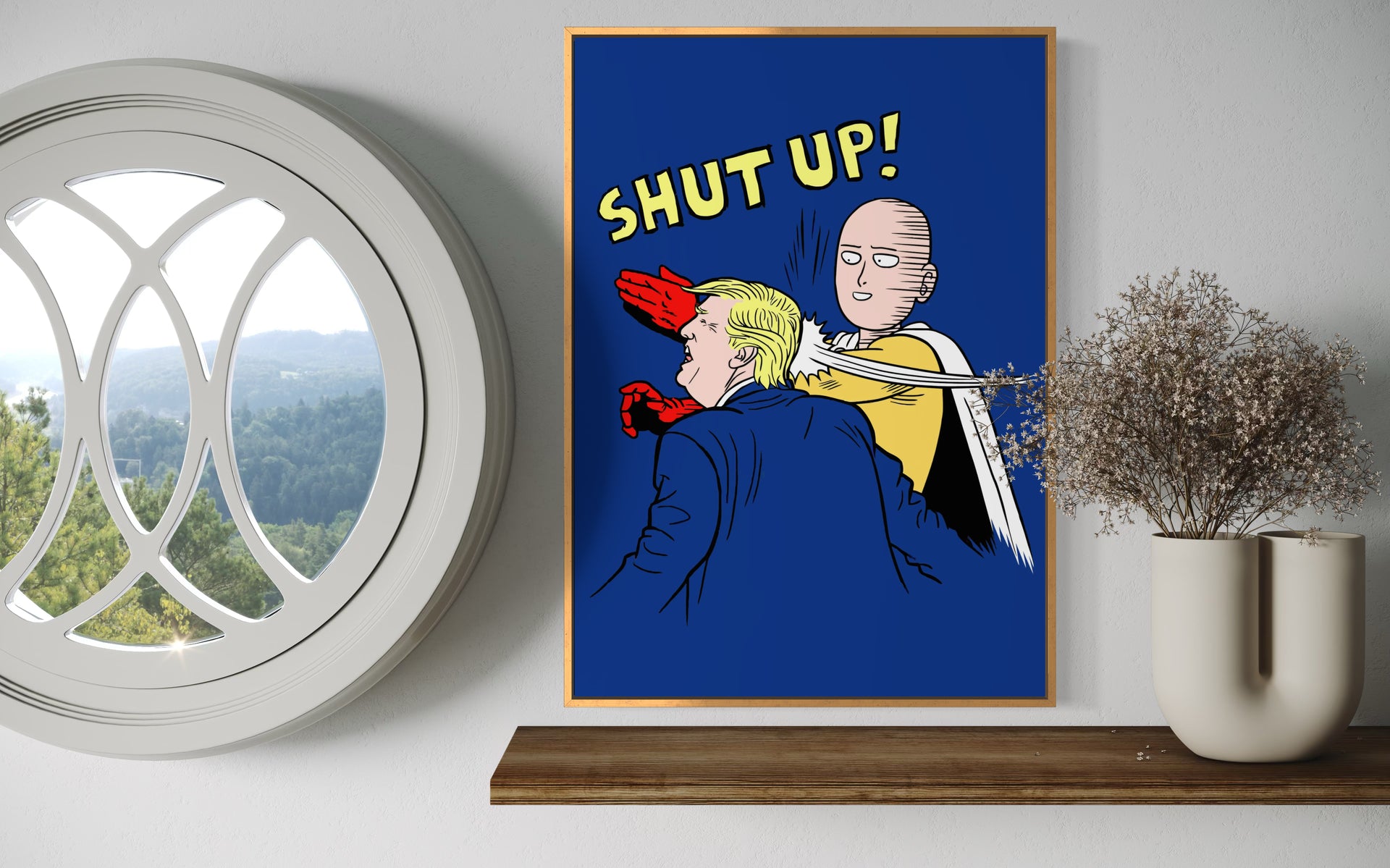 Stampa incorniciata Saitama con scritta “SHUT UP!” su sfondo blu
