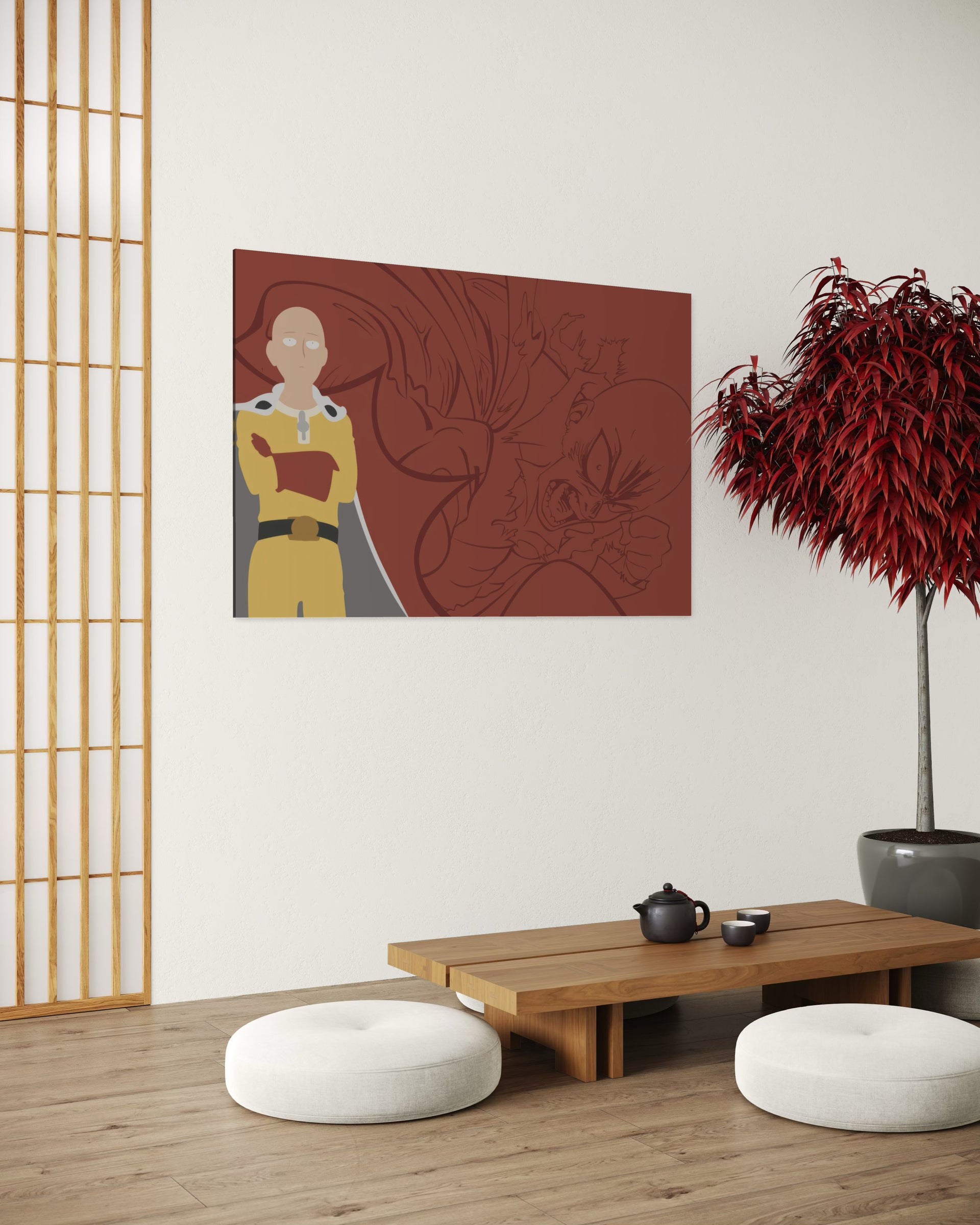 Quadro rettangolare con personaggio in stile fumetto su sfondo rosso e dettagli scuri