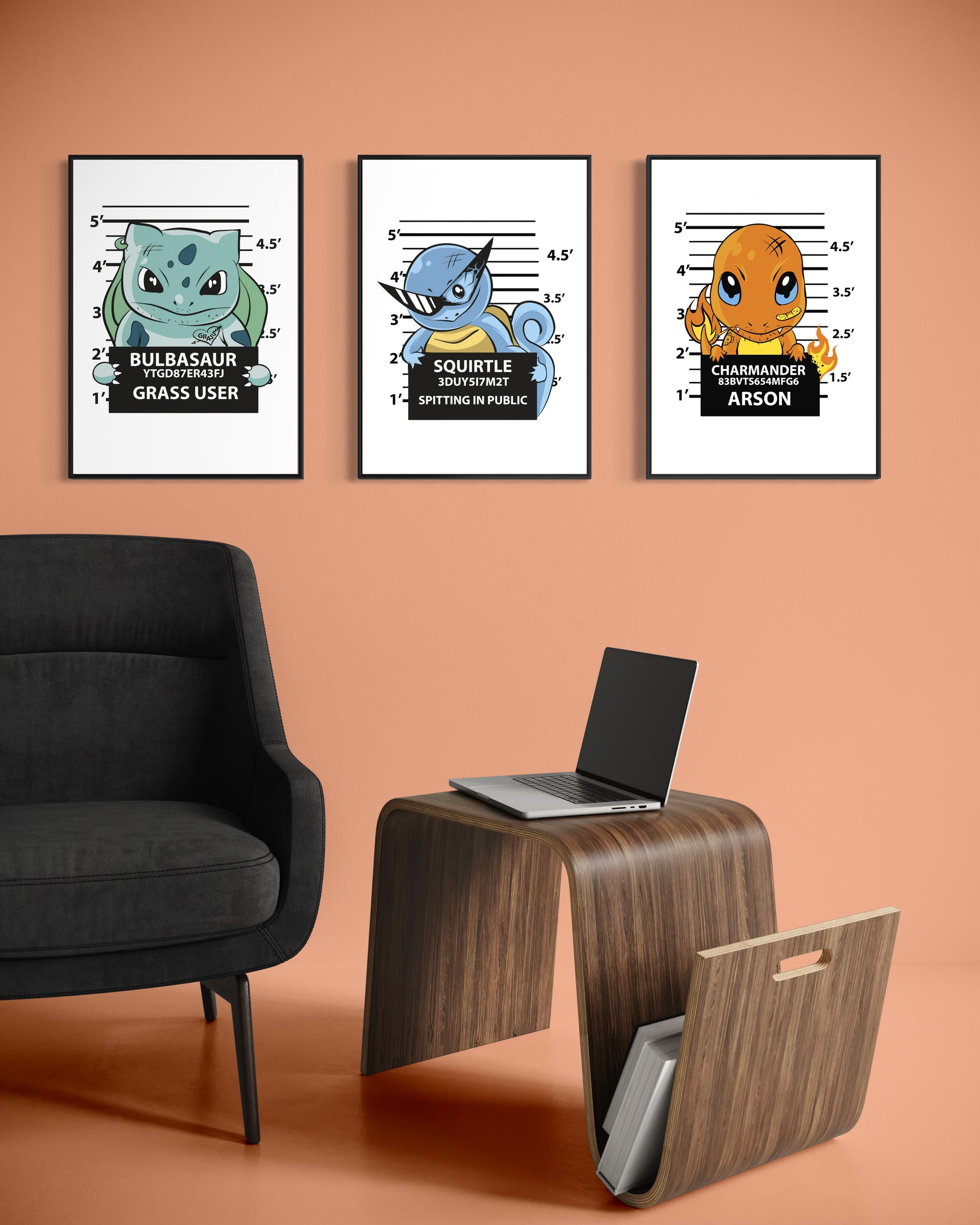 Set 3 criminal pokemon: cornici con Bulbasaur, Squirtle e Charmander.