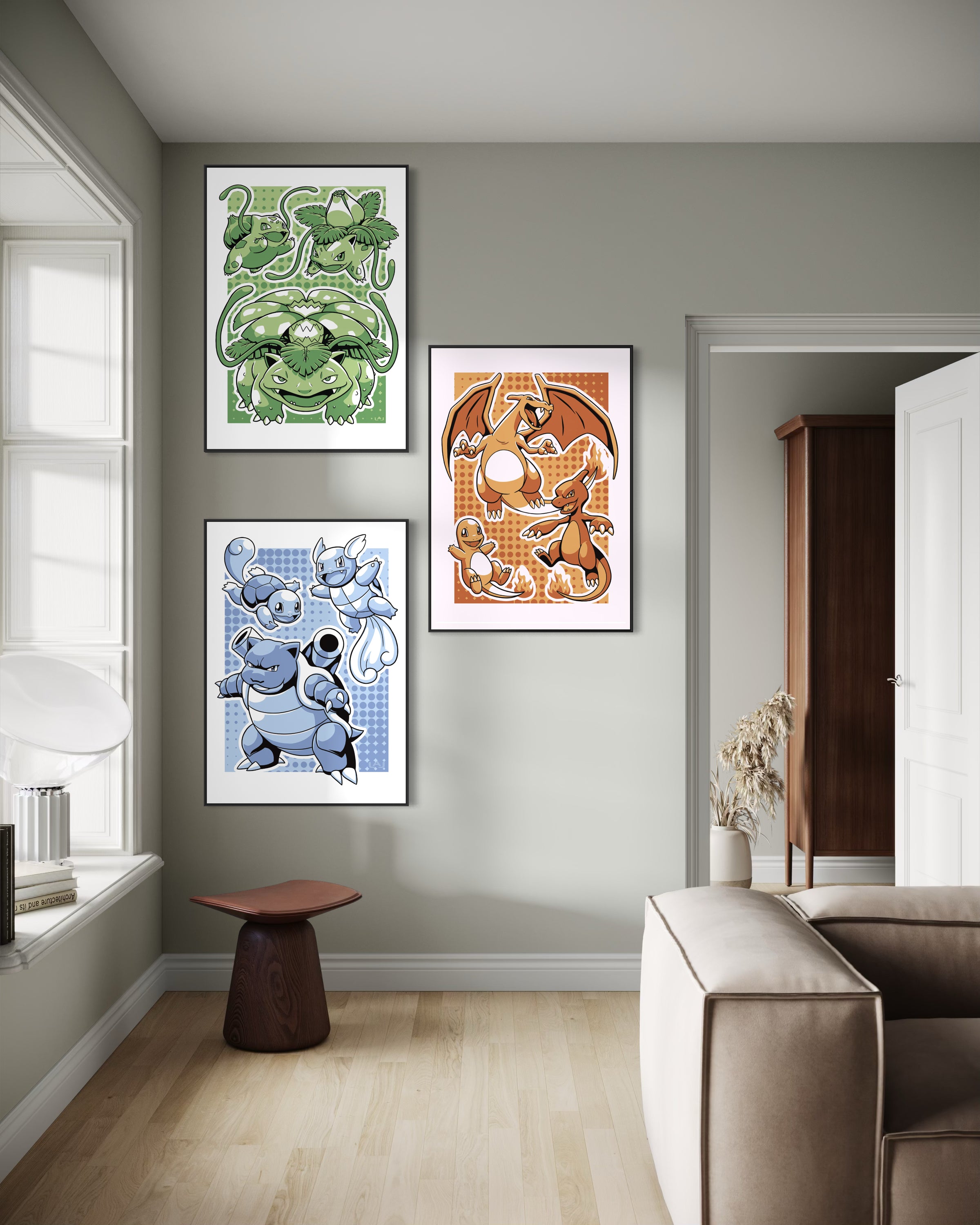 Set 3 poster con telai neri: personaggi Pokémon da allenamento, tre stampe incorniciate