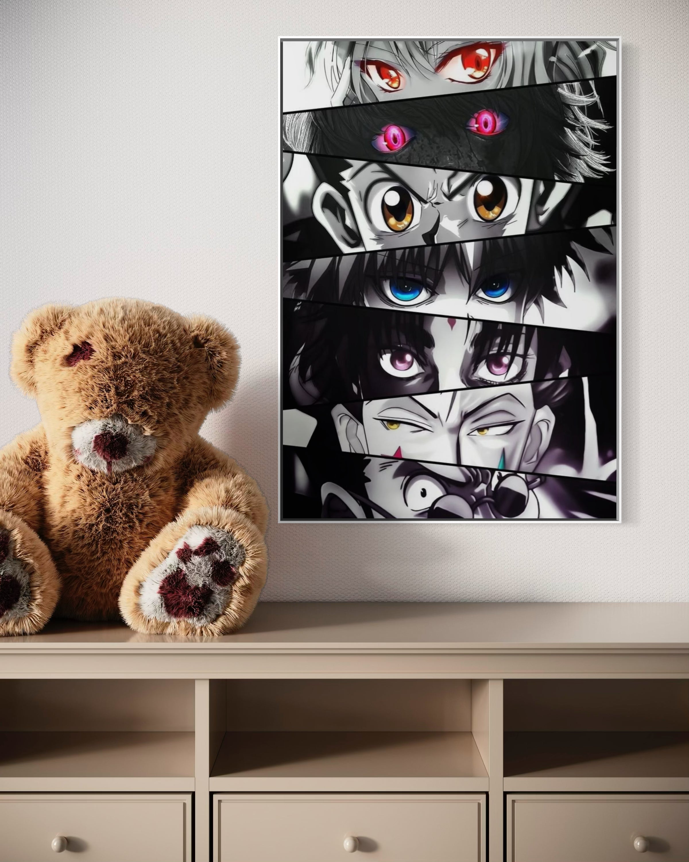 Poster incorniciato con cornice nera e collage anime con occhi colorati