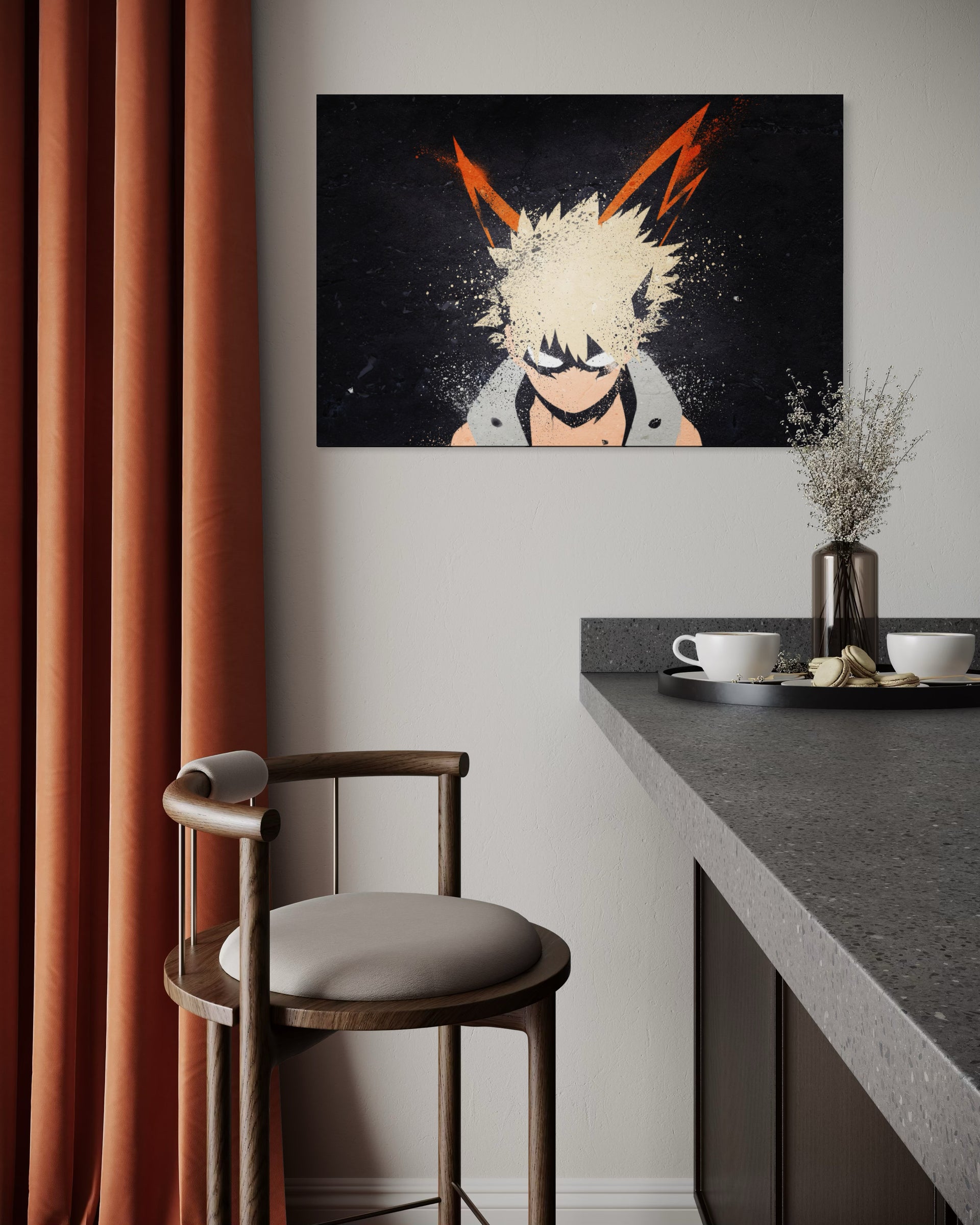 Bakugo murale: ritratto con capelli arancioni su sfondo scuro, cornice nera