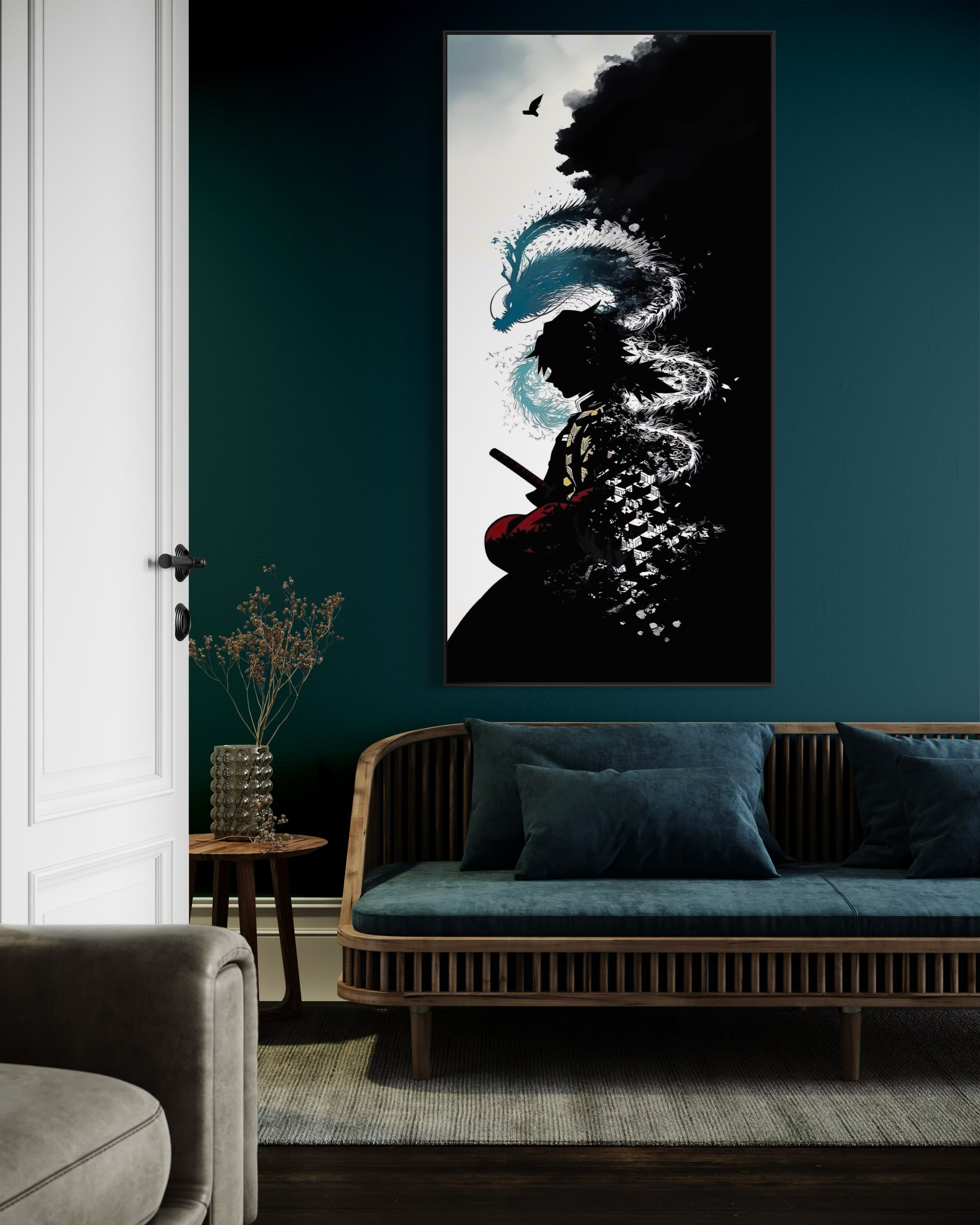 Ds pilastro water: stampa incorniciata verticale con effetto acque blu e silhouette scura