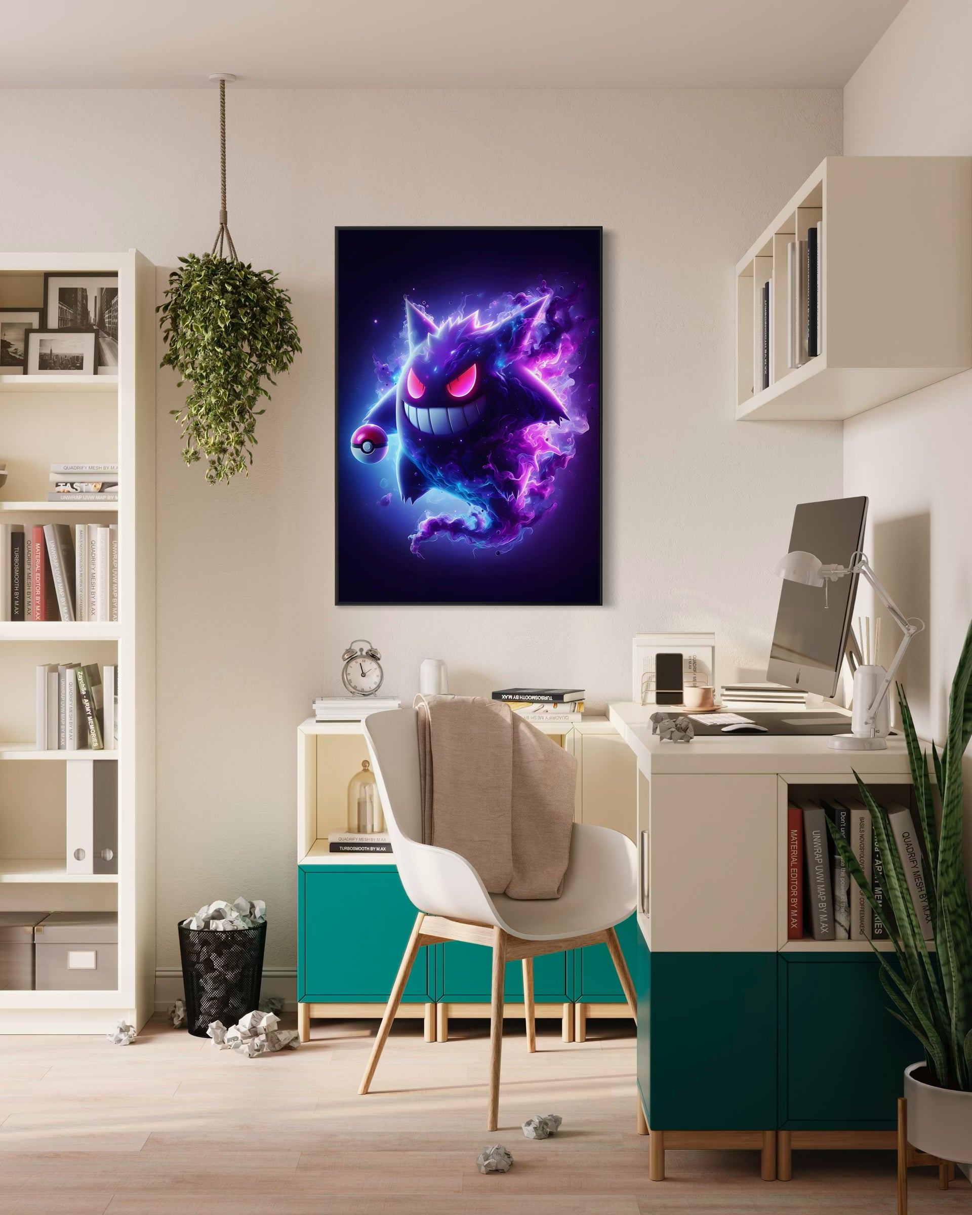 Gengar con cornice nera e grafica viola, verticale