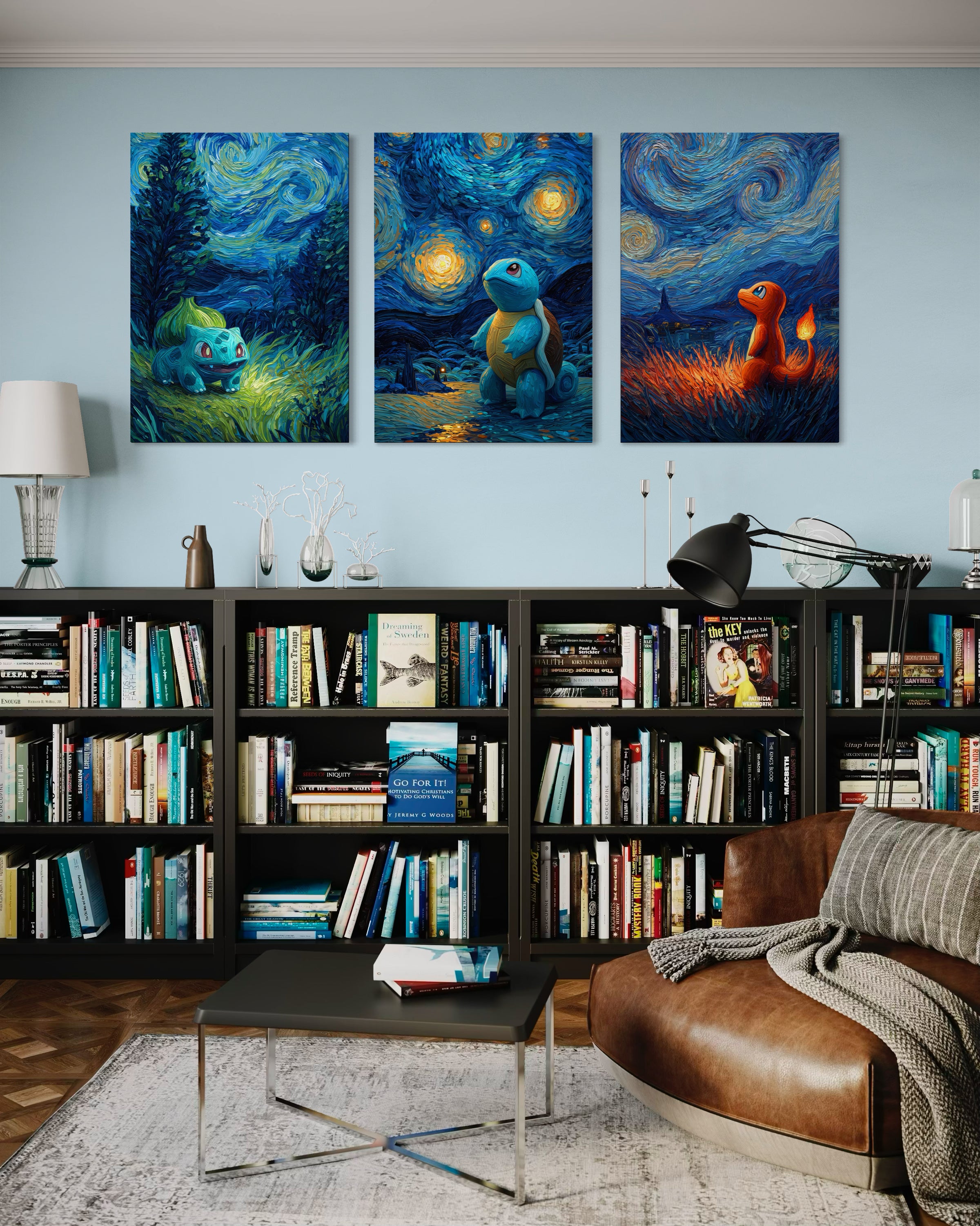 Trittico di poster Pokémon in stile Van Gogh con figure blu e fox arancione