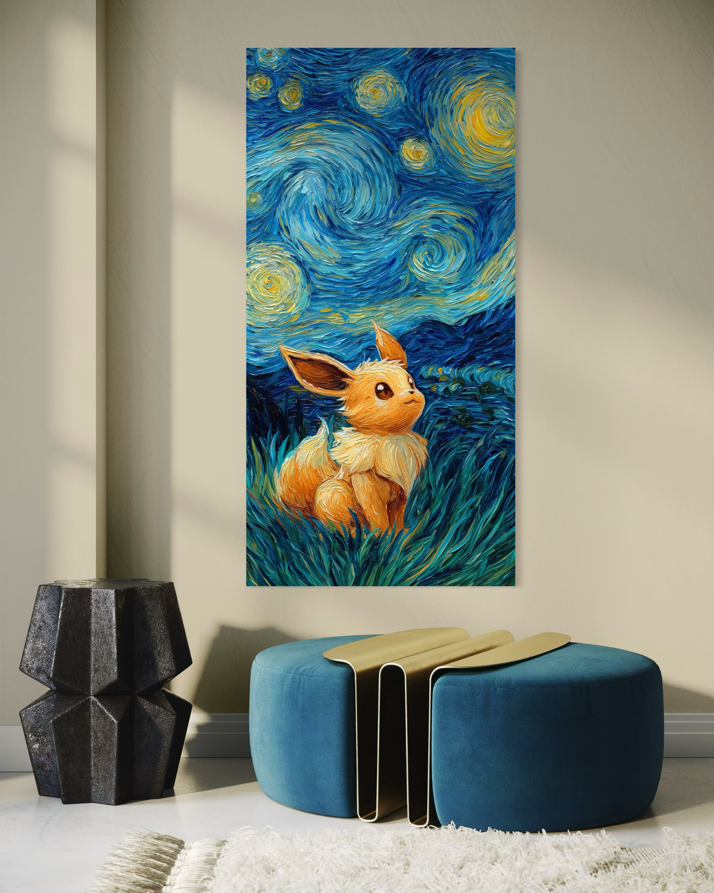 Eevee Van Gogh, stampa verticale con Eevee tra pennellate blu e gialle
