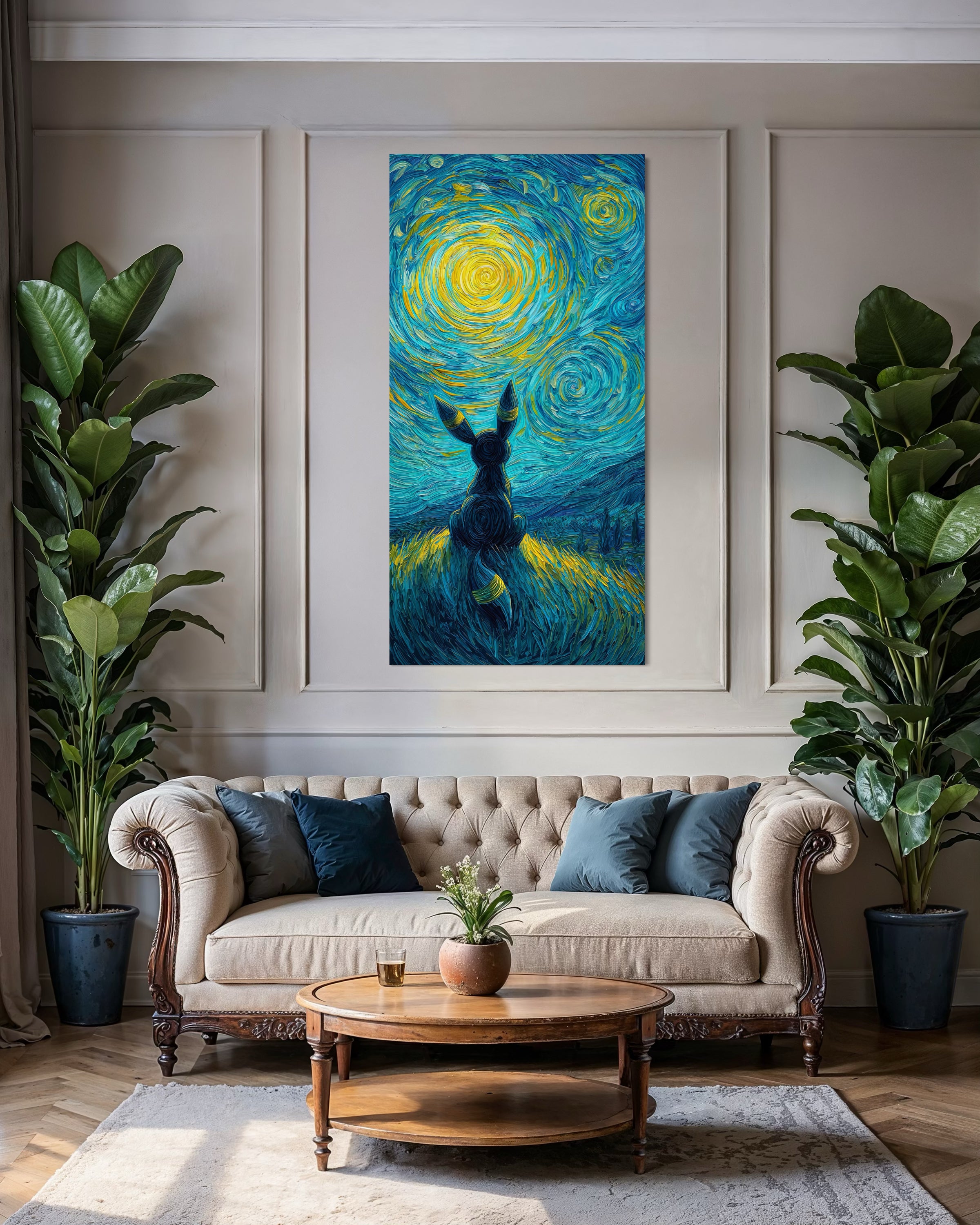 Stampa verticale con Umbreon stilizzato e cielo blu a vortici, effetto Van Gogh