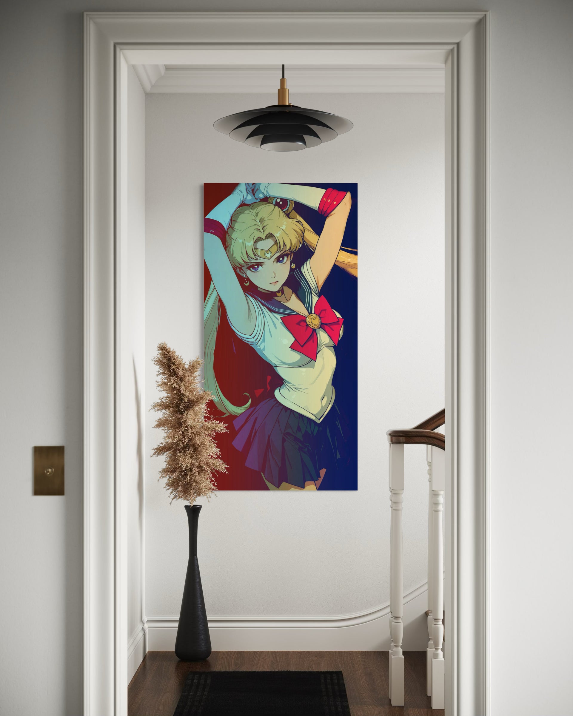 Stampa Sailor Moon: guerriera bionda con fiocco rosso, mantello blu