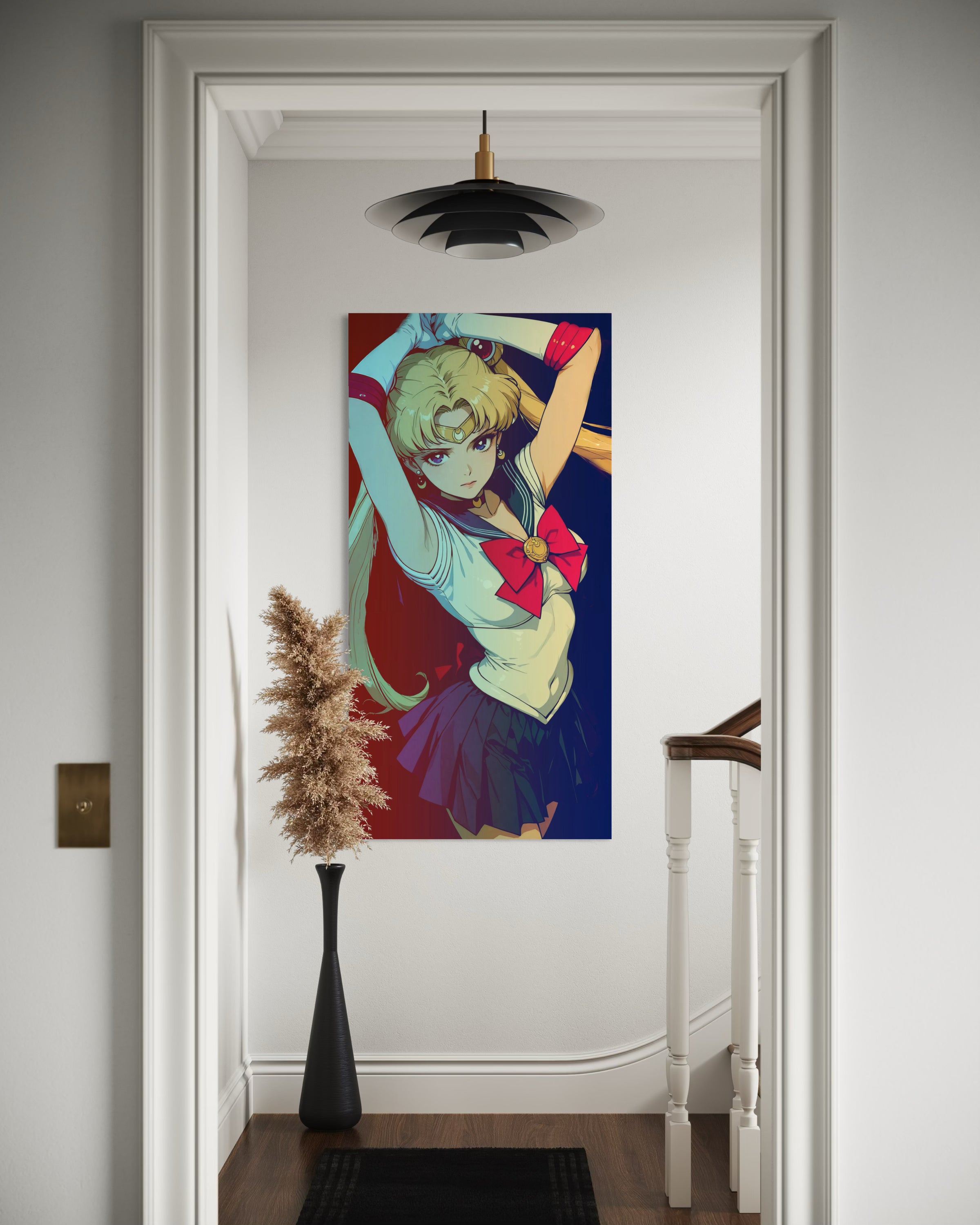Stampa Sailor Moon: guerriera bionda con fiocco rosso, mantello blu