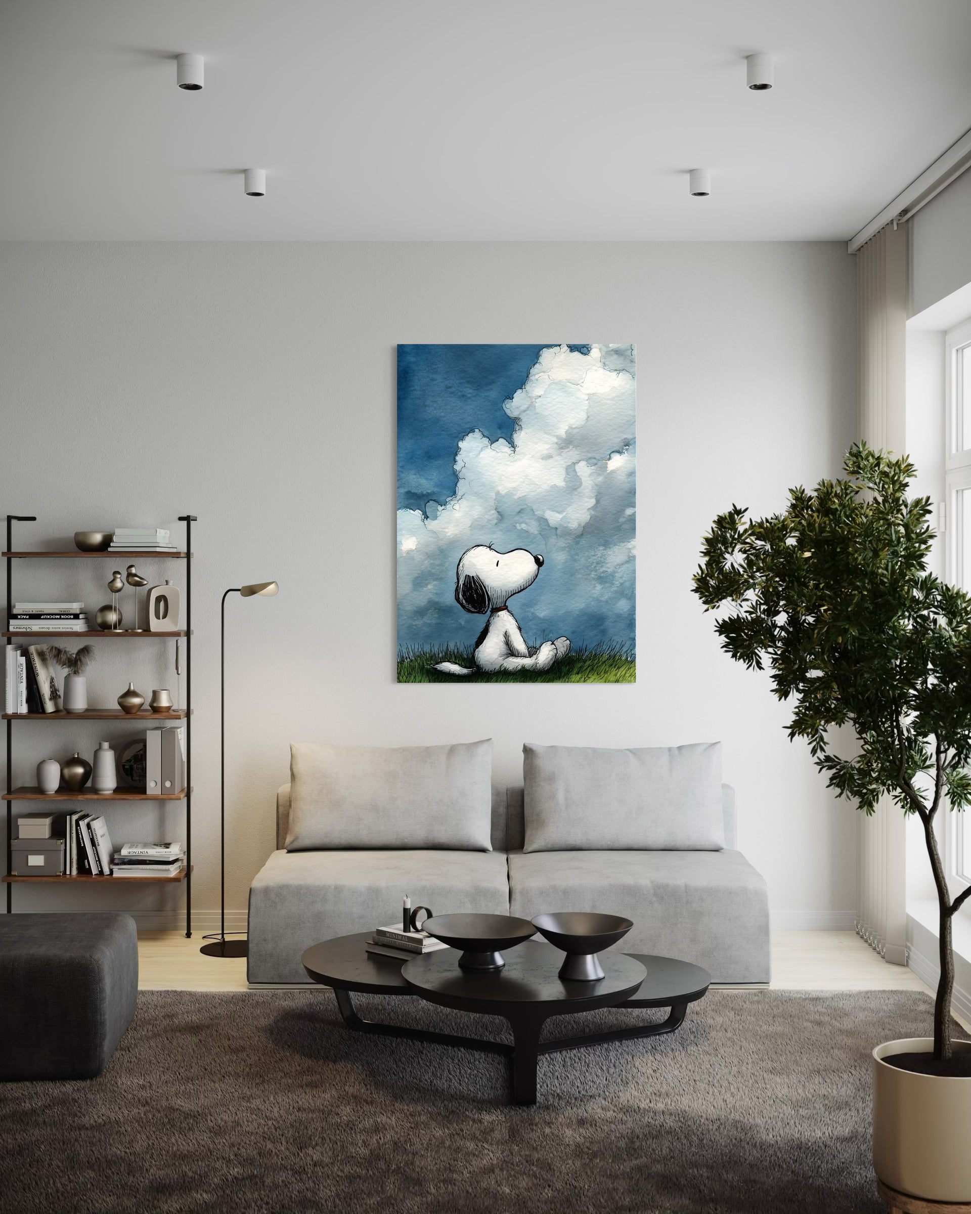 Snoopy hope: stampa con Snoopy bianco su sfondo blu con nuvole, cornice scura.