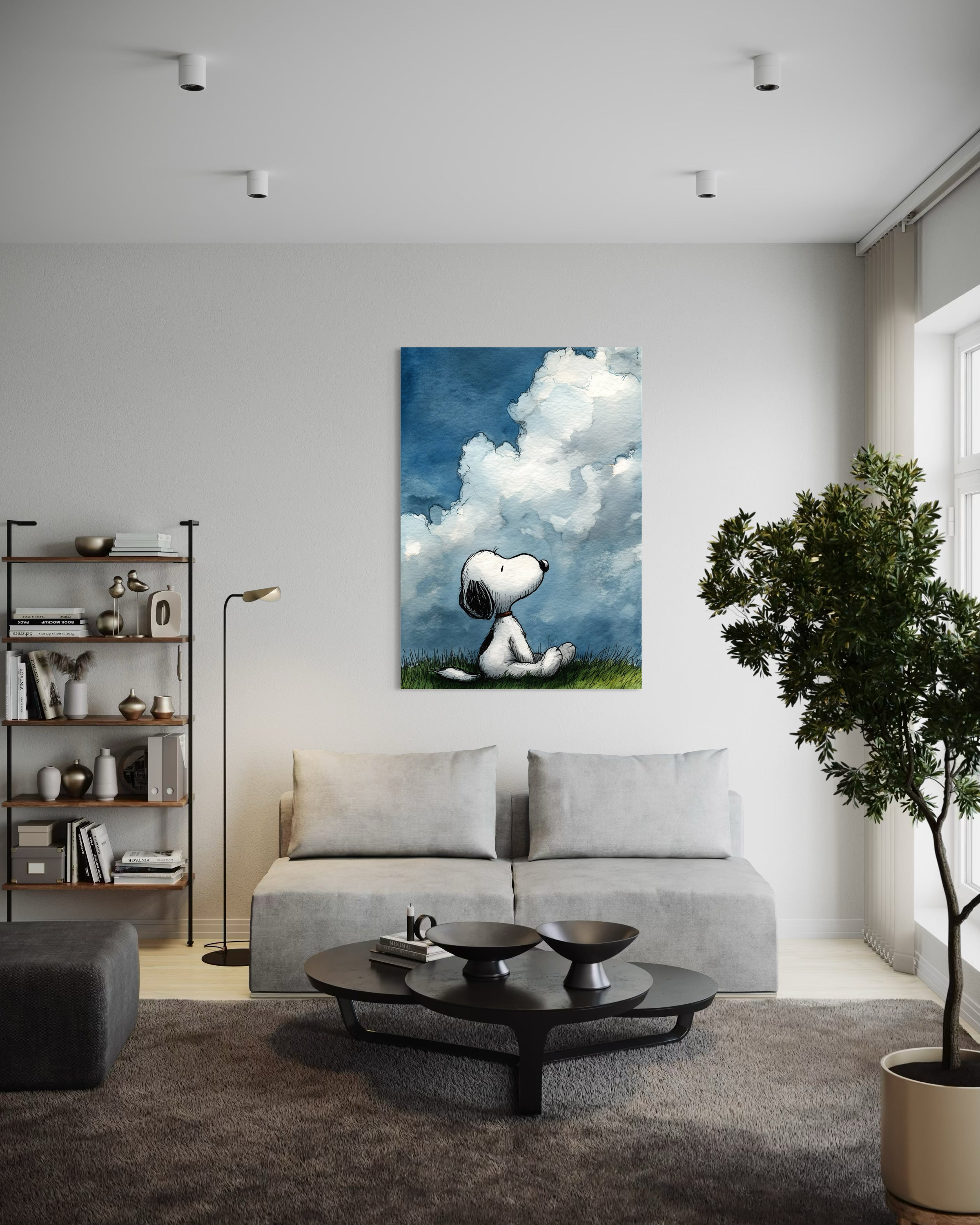 Snoopy hope: stampa con Snoopy bianco su sfondo blu con nuvole, cornice scura.