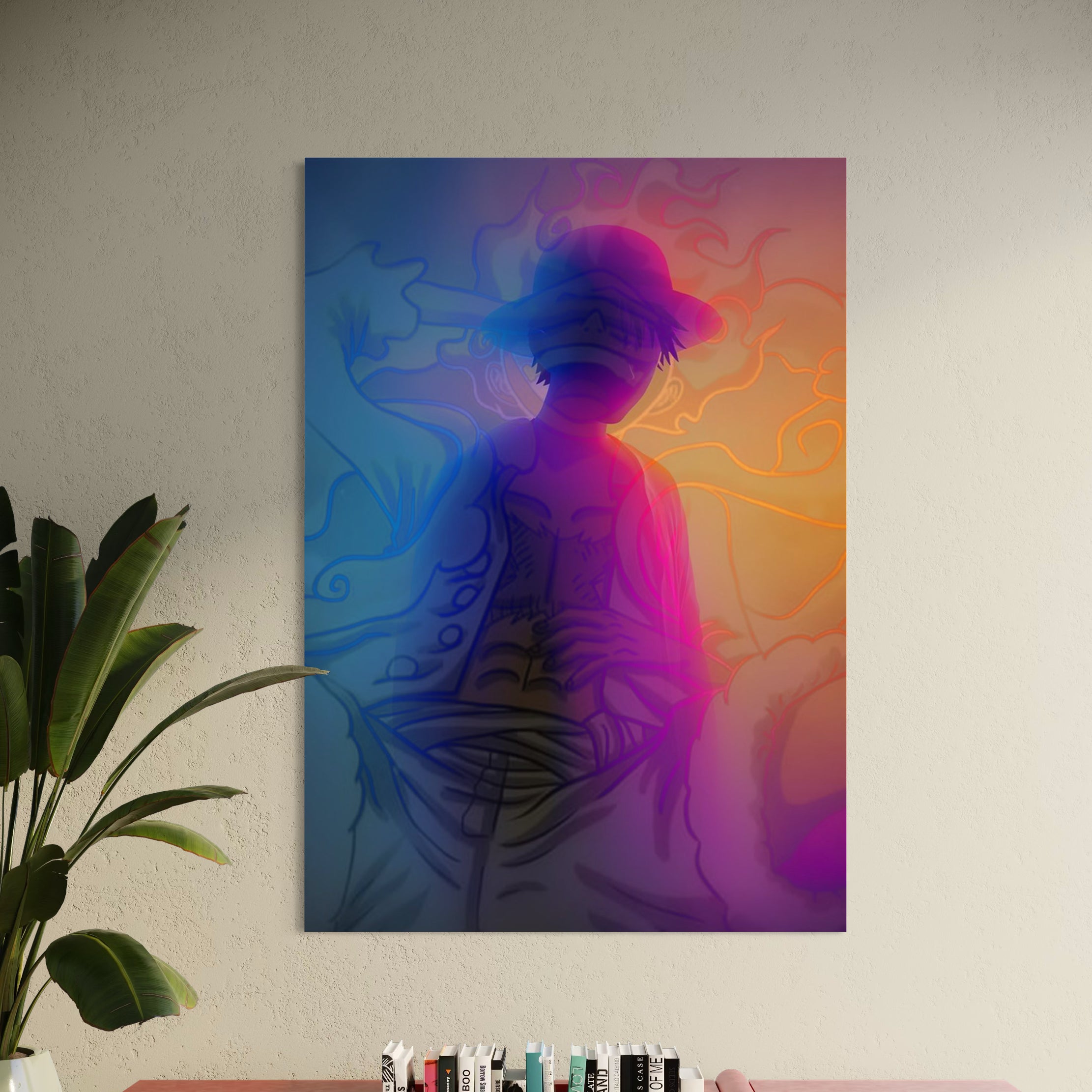 Stampa Luffy con personaggio in stile neon blu e rosa