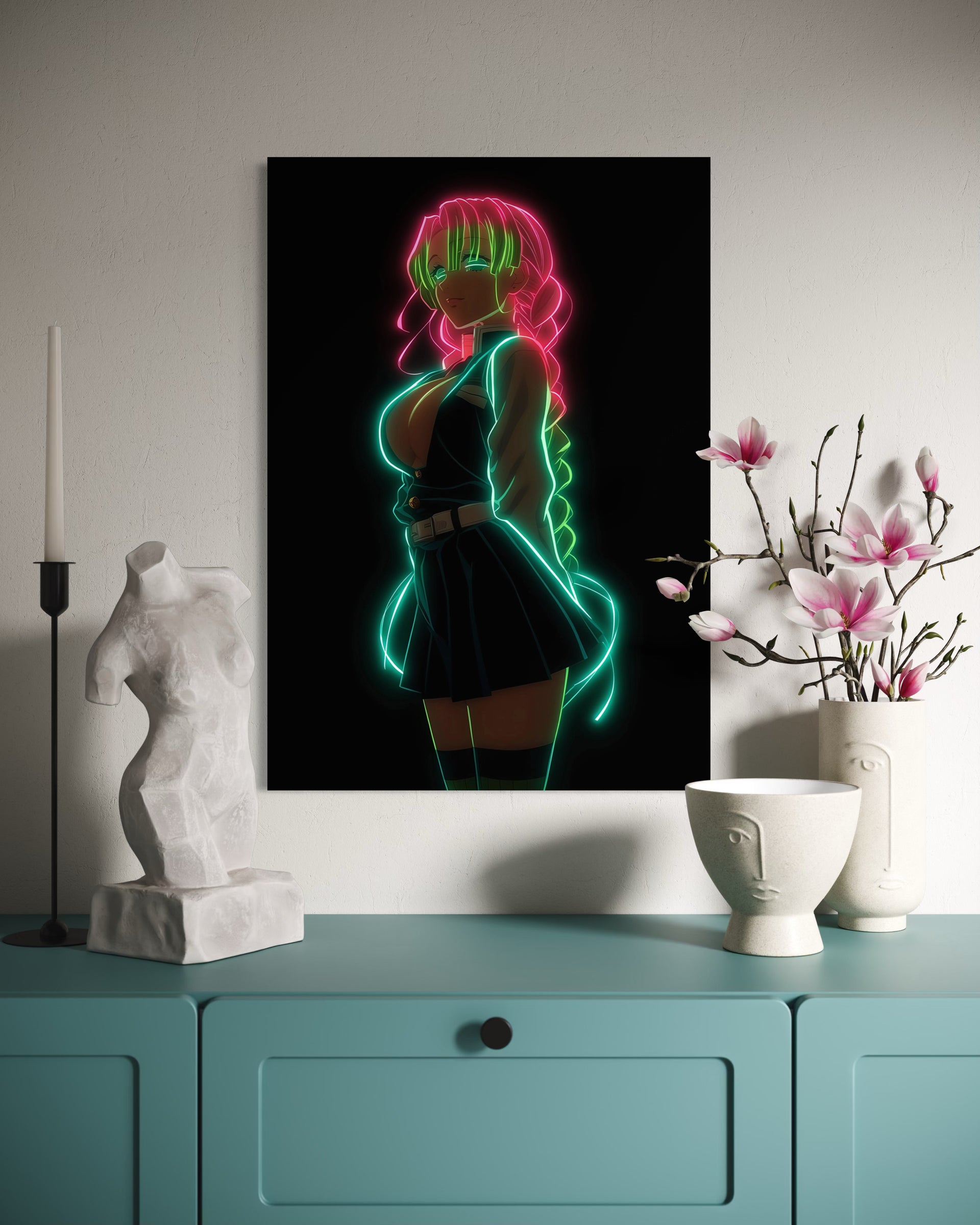 Pilastro dell'amore: tela nera con figura neon rosa-verde, stile anime, incorniciata
