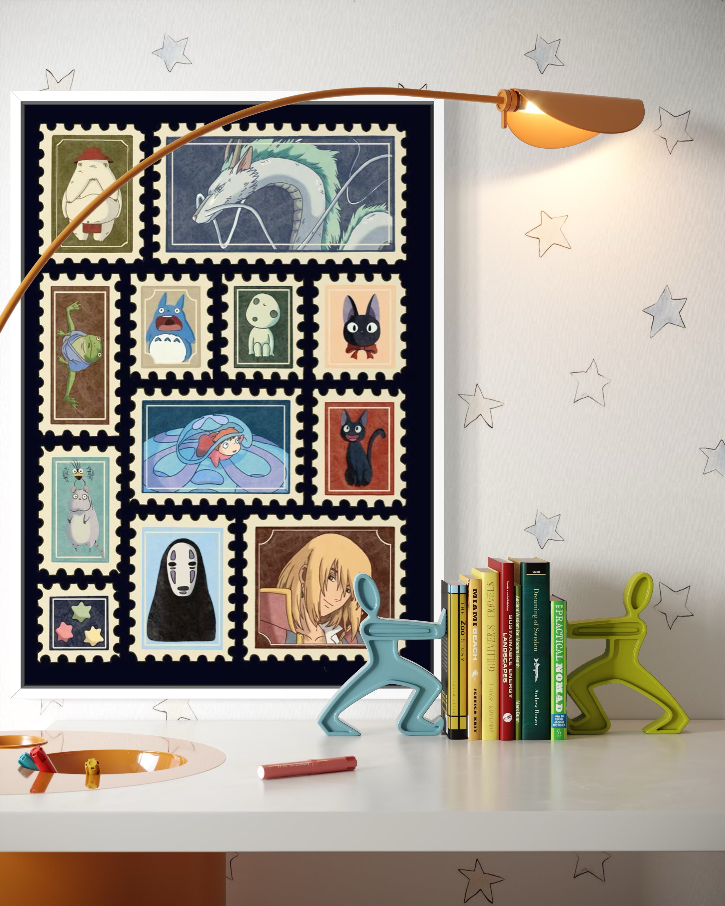 Ghibli con cornice bianca: collage di ritratti animati in francobolli blu