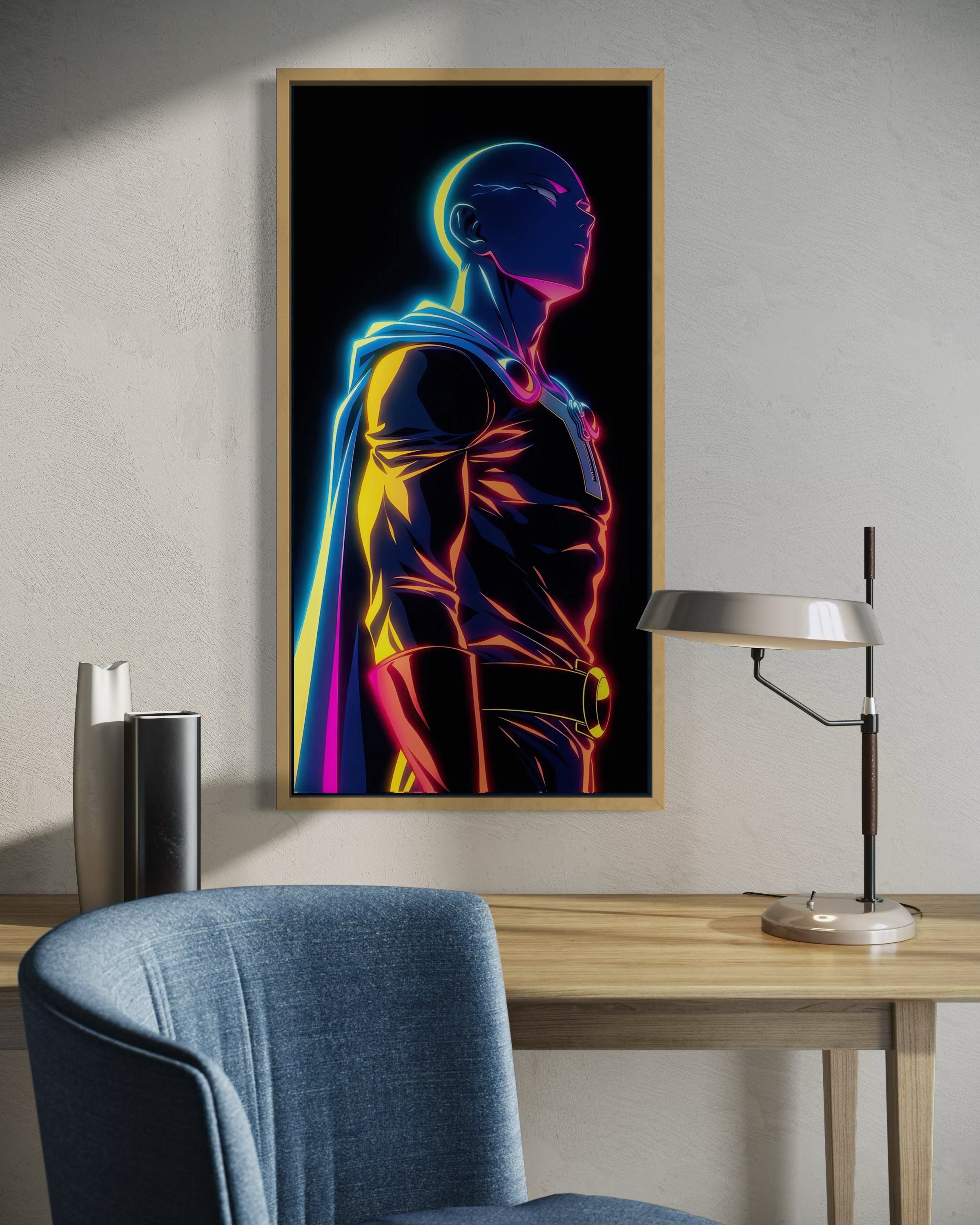 Quadro incorniciato con profilo di personaggio stilizzato, telaio dorato