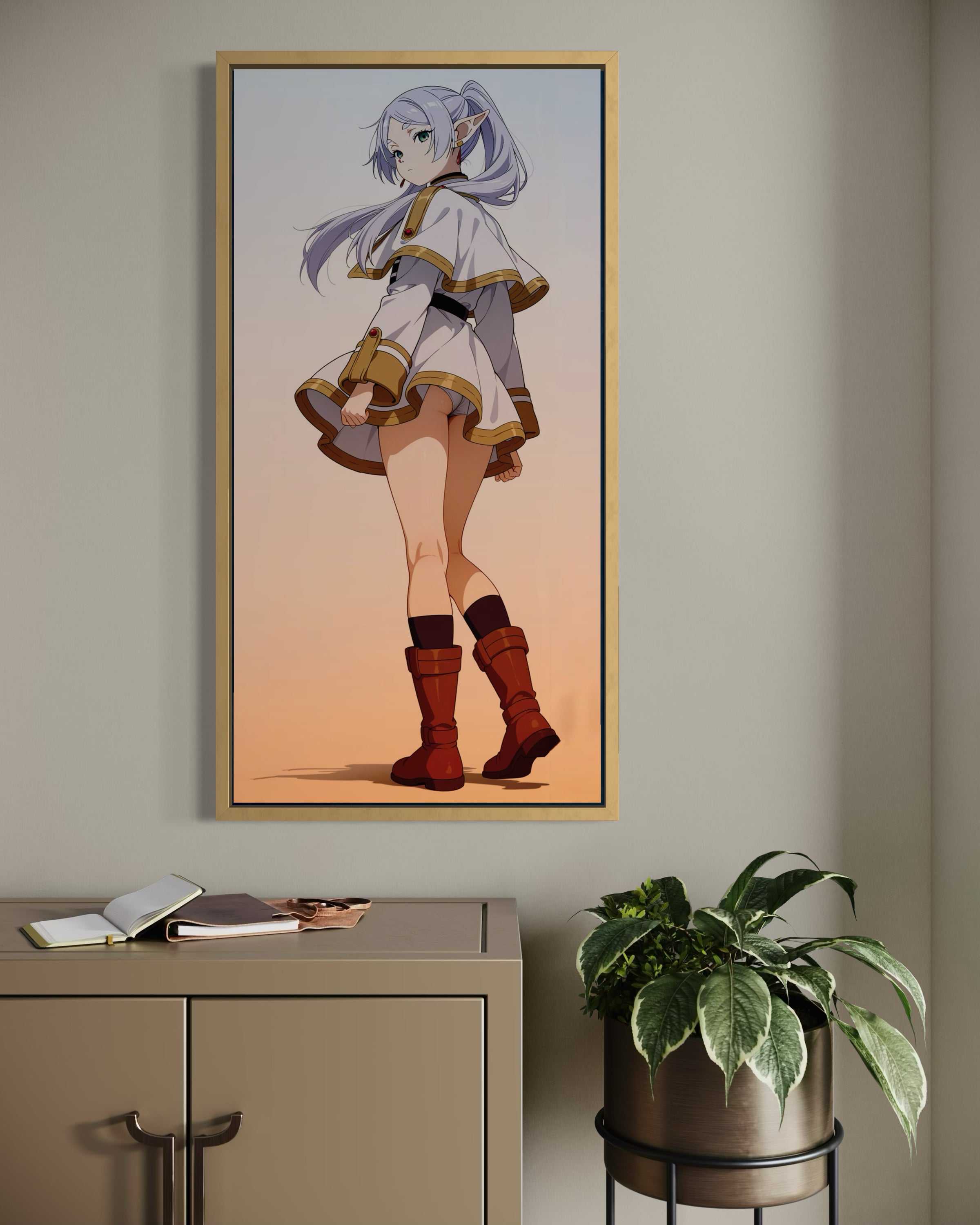 Stampa incorniciata di Frieren, cornice dorata, personaggio anime con abito bianco e viola