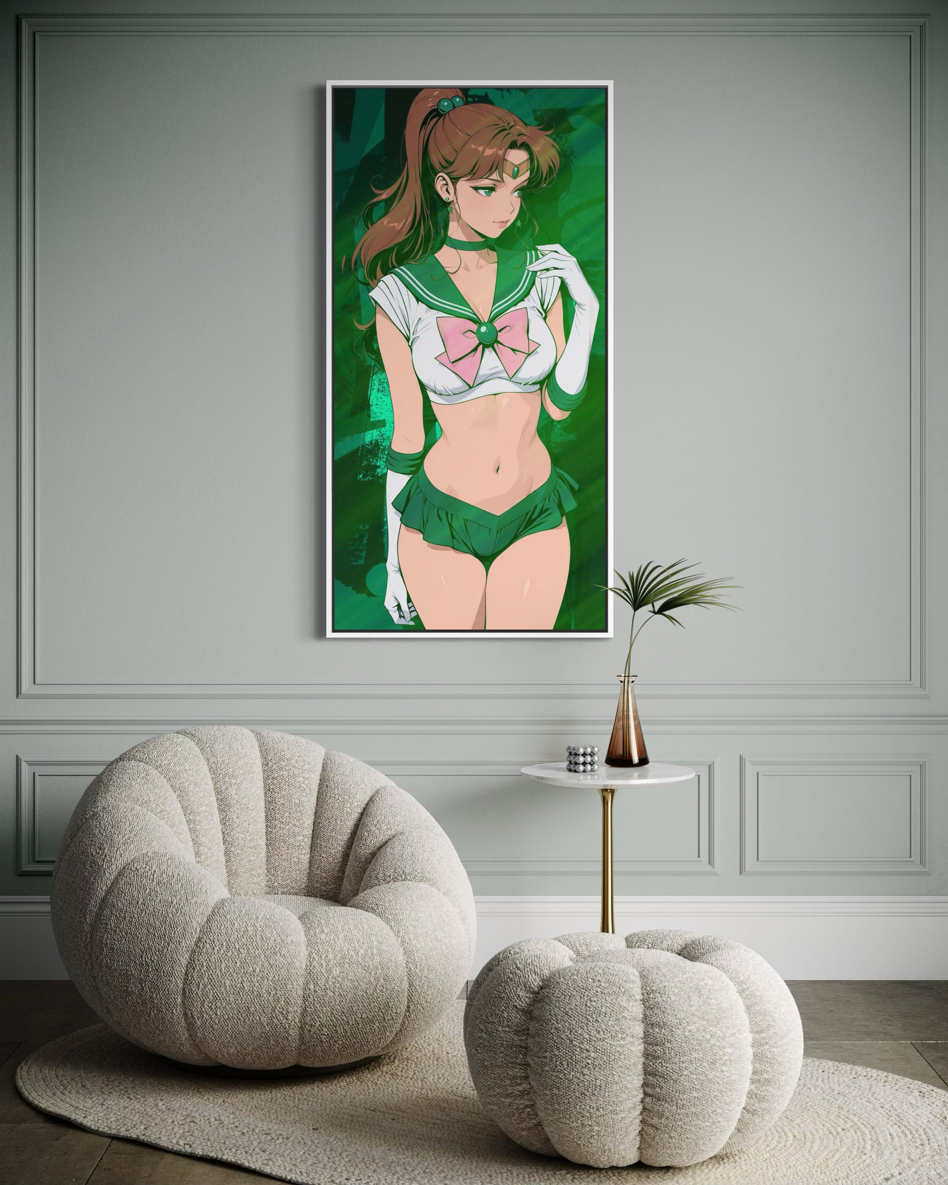 Stampa incorniciata Sailor Jupiter con top e fiocco rosa, capelli verdi e posa di lato.