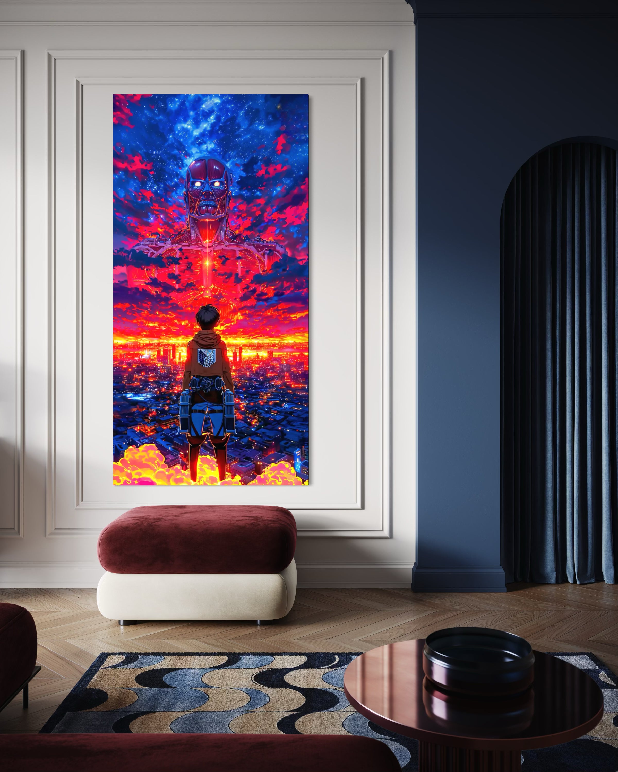 Eren Colossale con cornice bianca: personaggio intero, sfondo rosso-blu