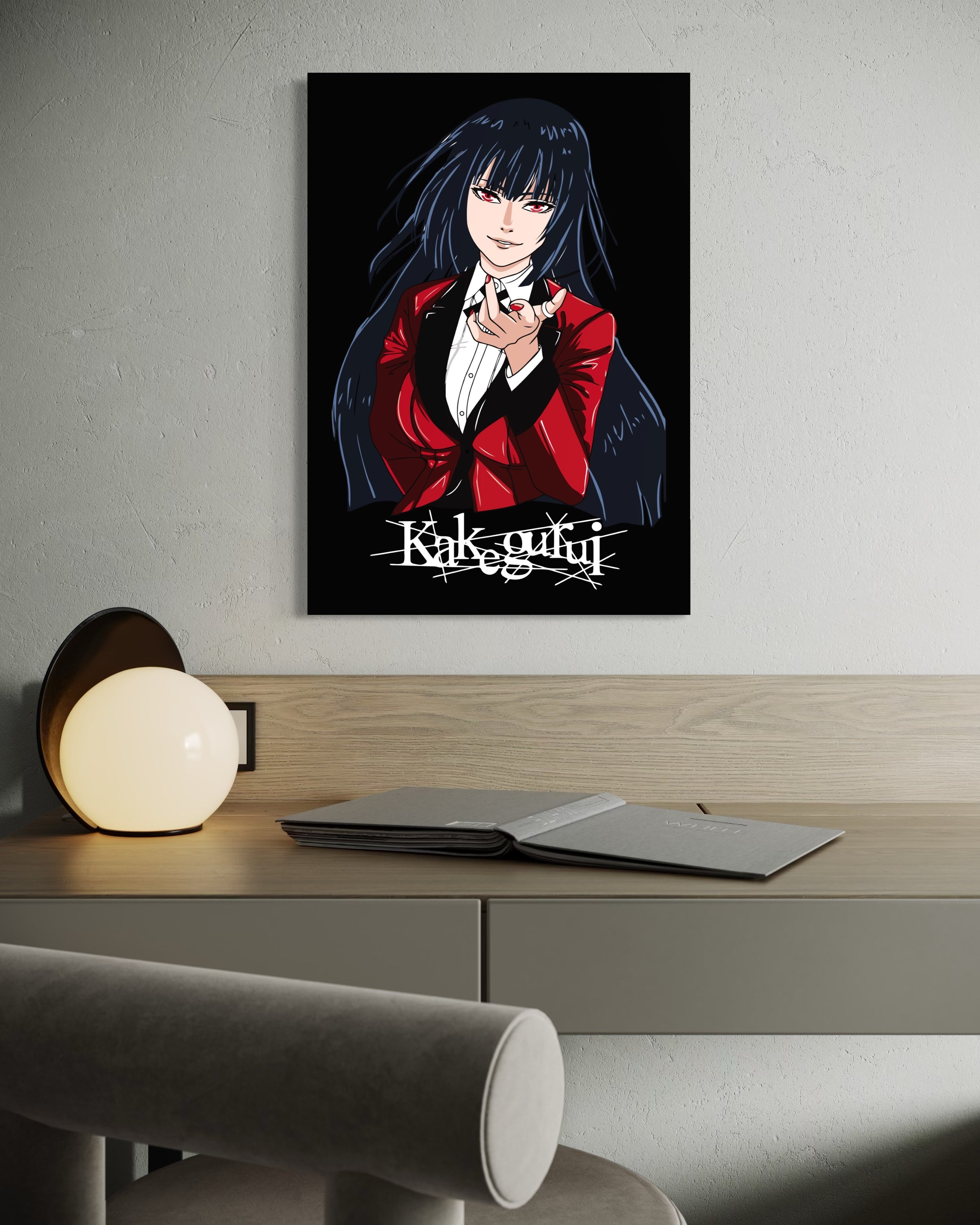 Stampa Kakegurui con telaio nero, ragazza in abito rosso e nero