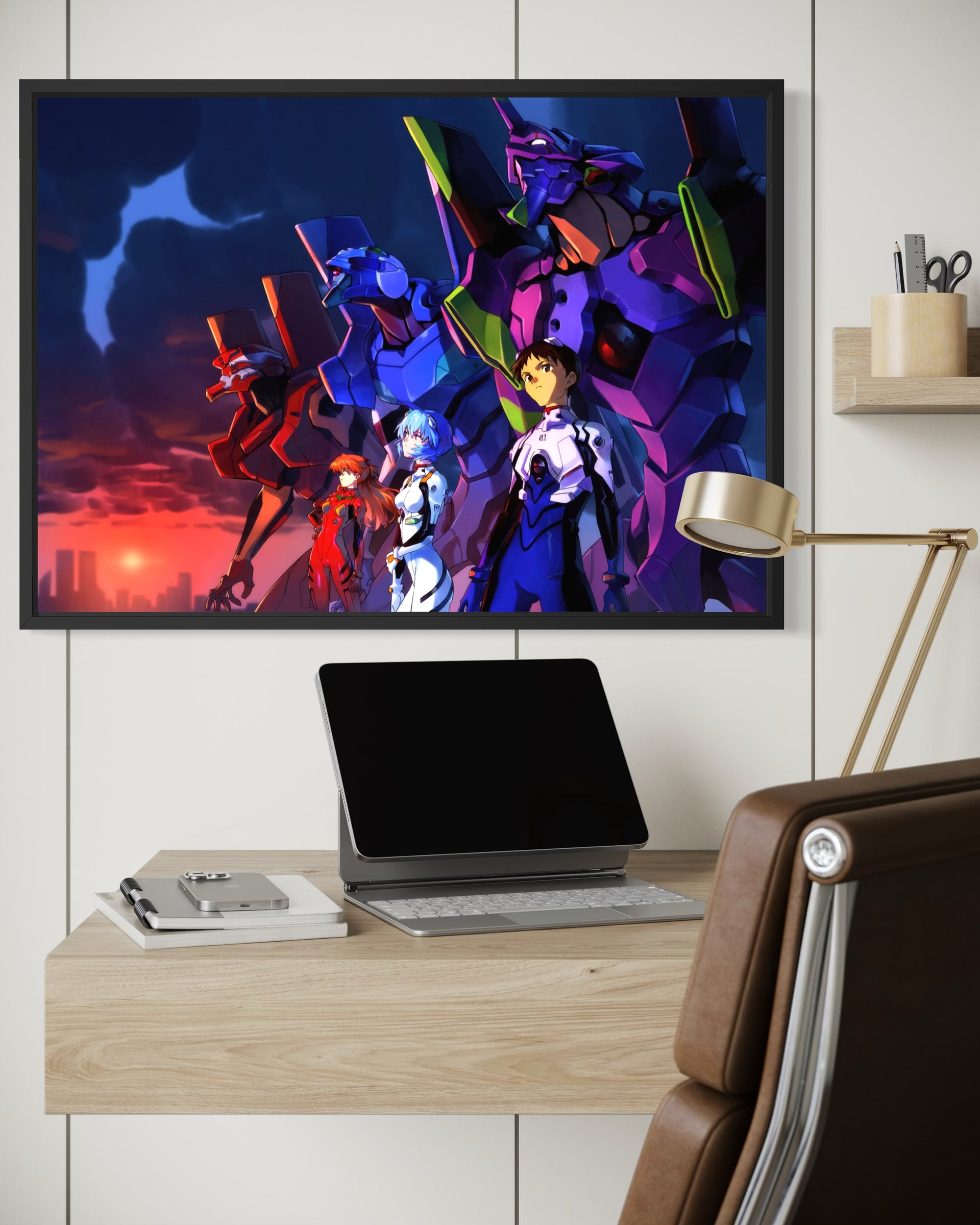 Team con cornice nera, stampa con personaggi anime e robot colorati